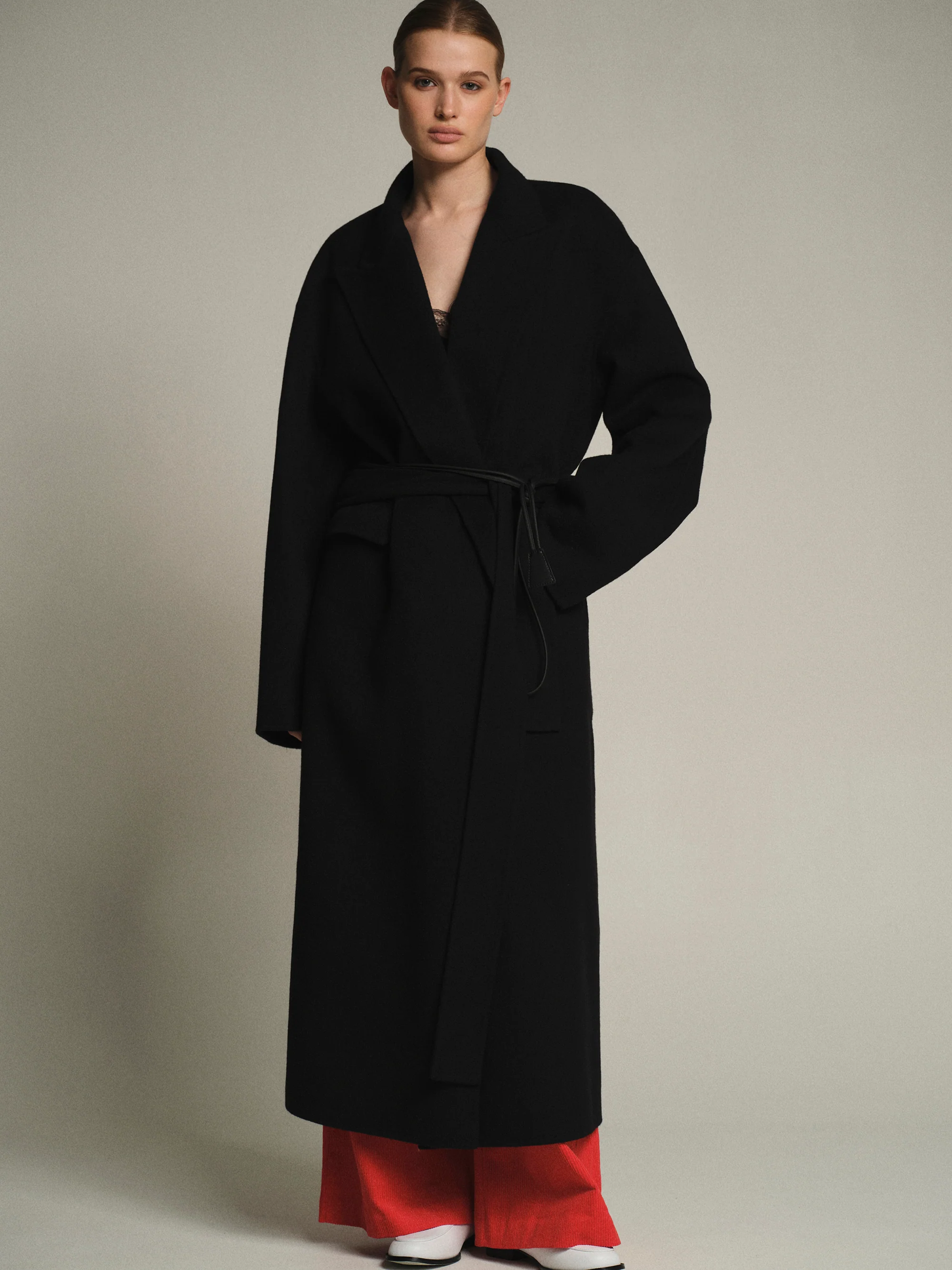 100% Wool Shawl-Collar Coat, Black
