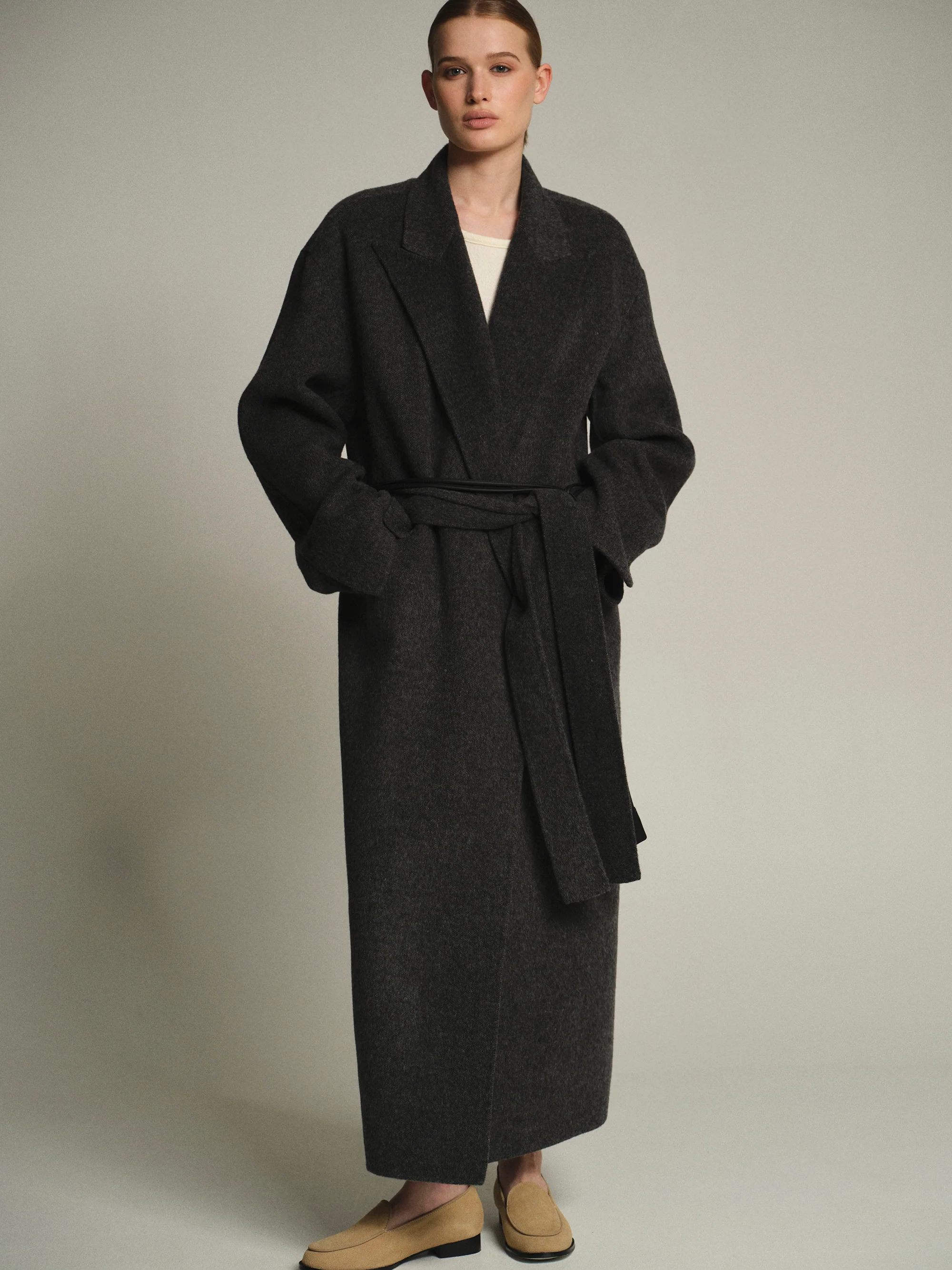 100% Wool Shawl-Collar Coat, Charcoal