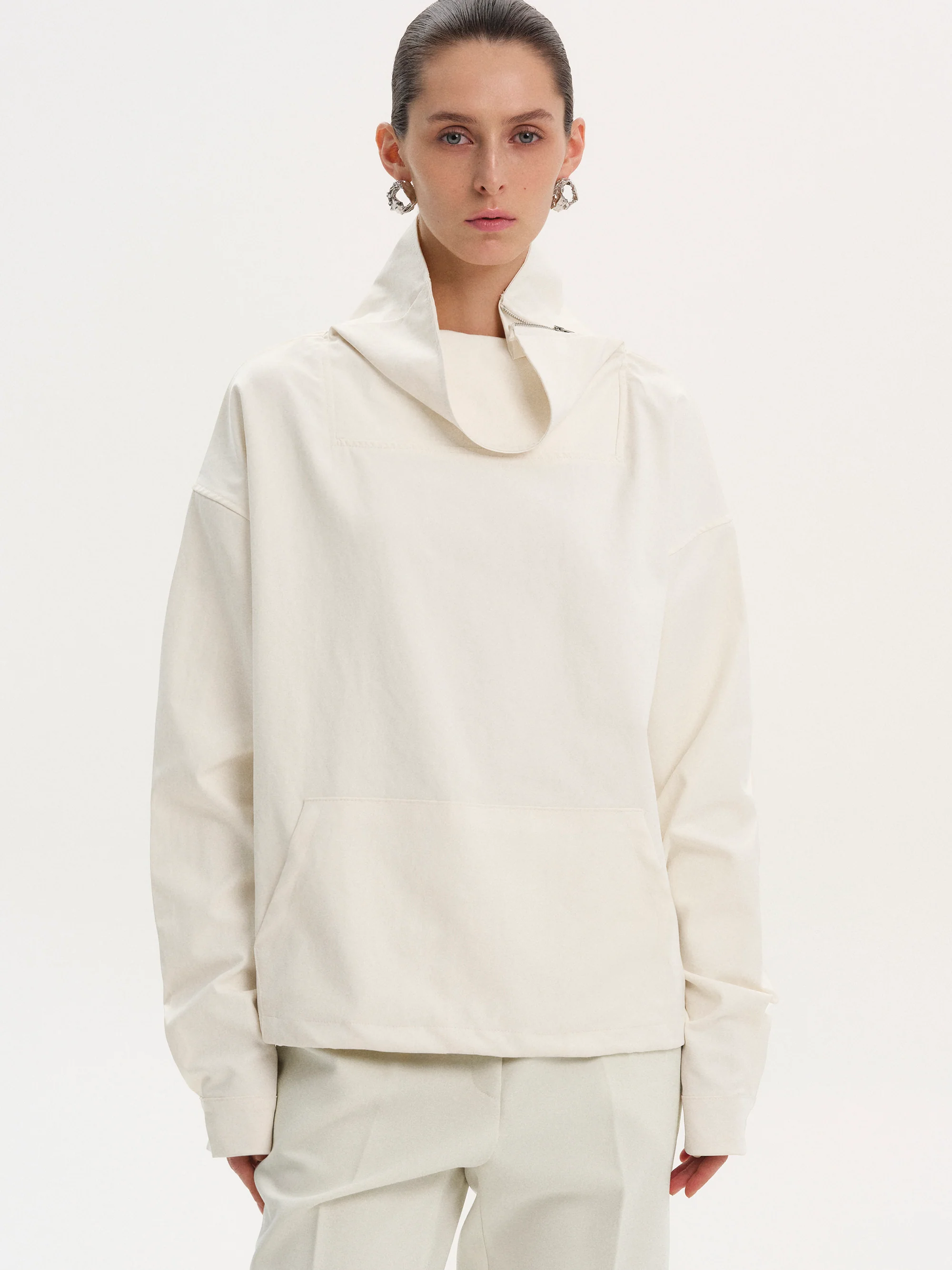 Afro Funnel Zip Neck Top, Ivory - Image 3