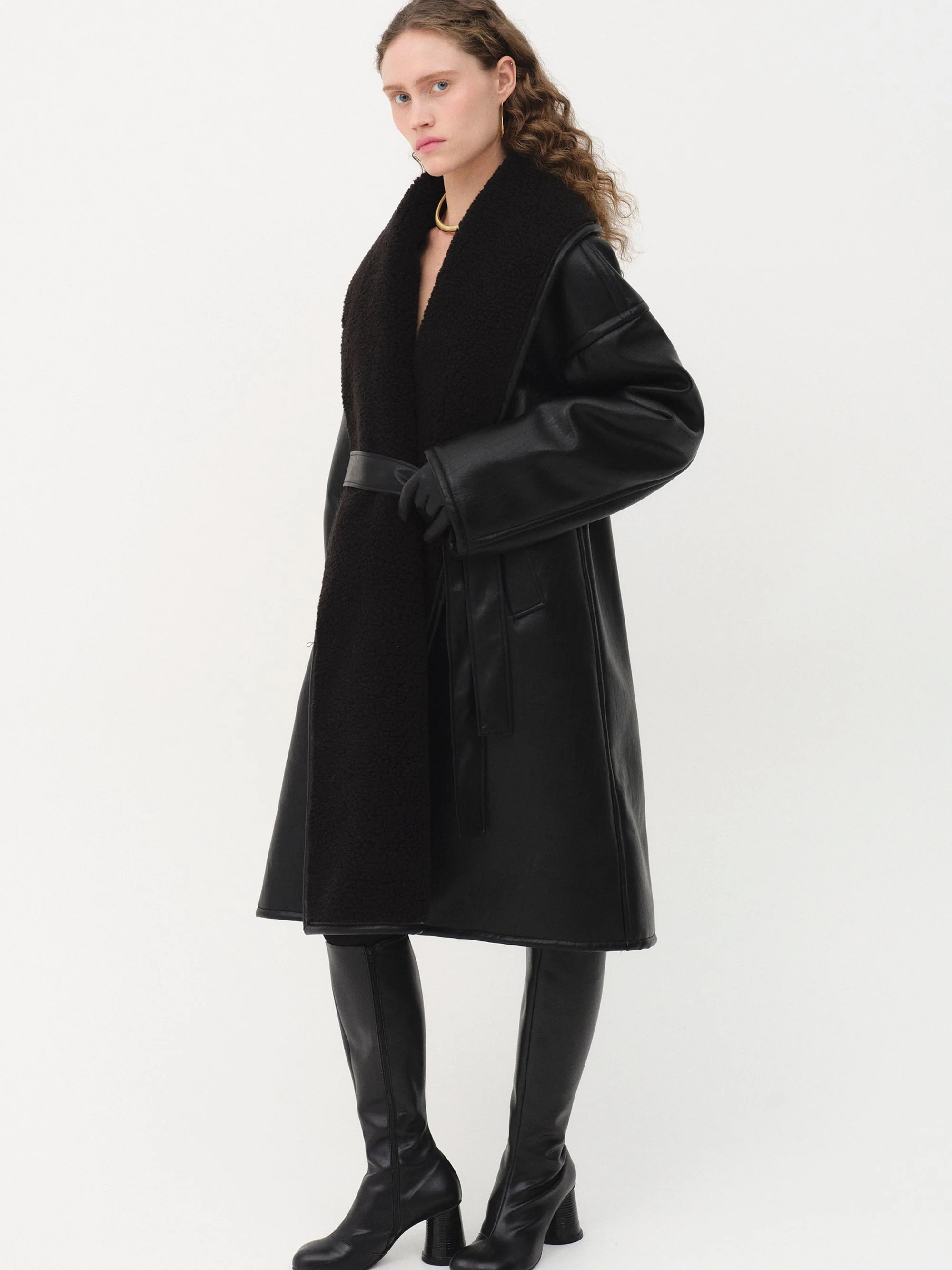 Agda Shearling Collar Leather Coat, Black - Image 2