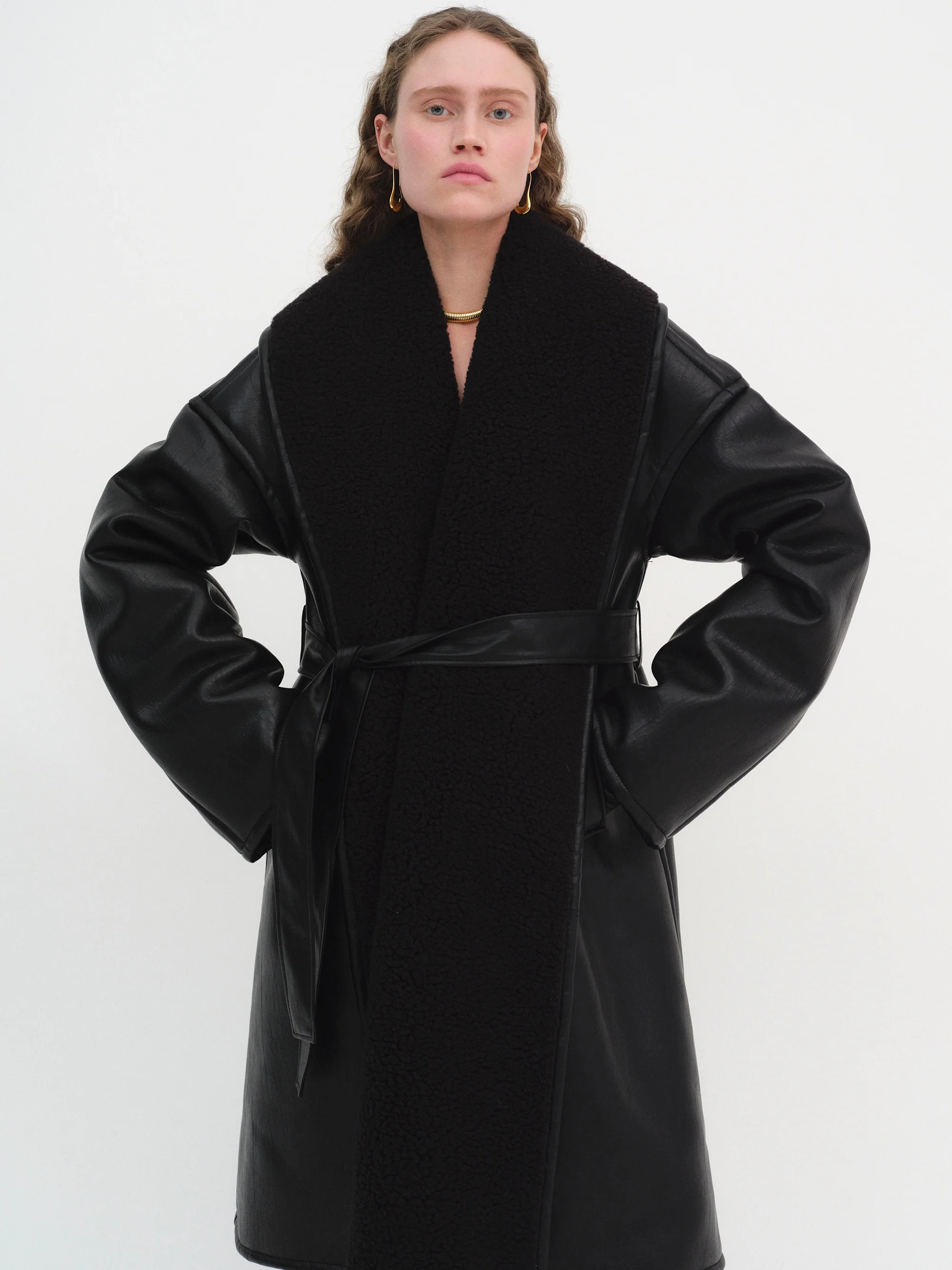 Agda Shearling Collar Leather Coat, Black - Image 3