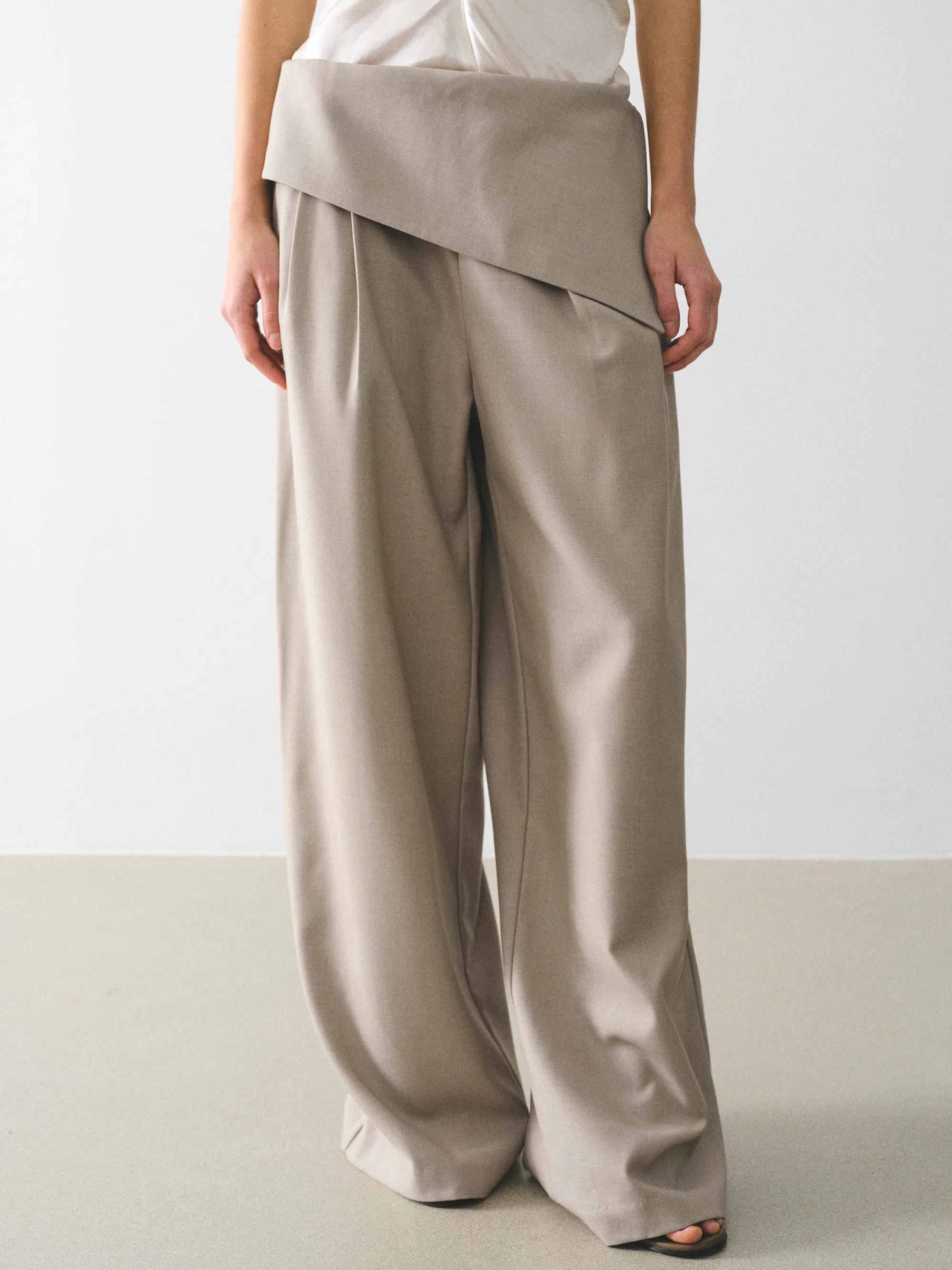 Asymmetric Folded Trousers, Beige