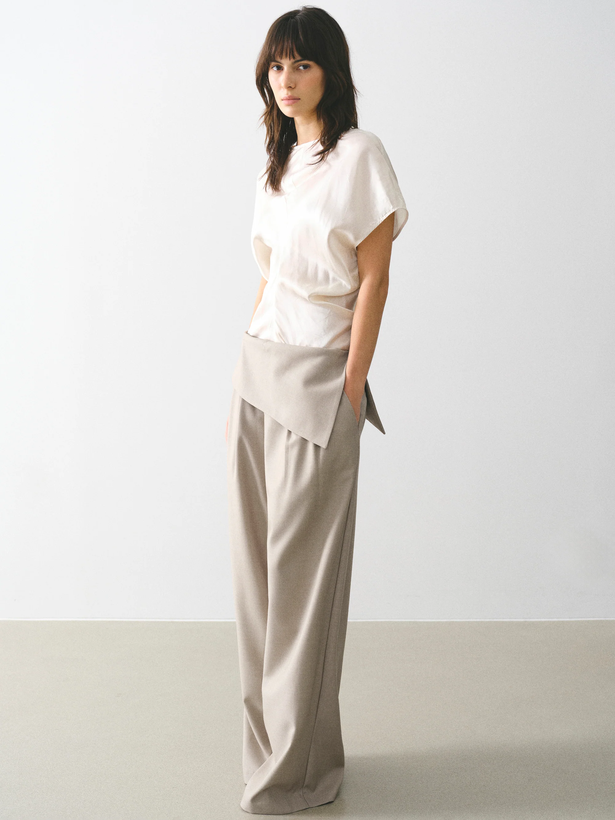 Asymmetric Folded Trousers, Beige - Image 2