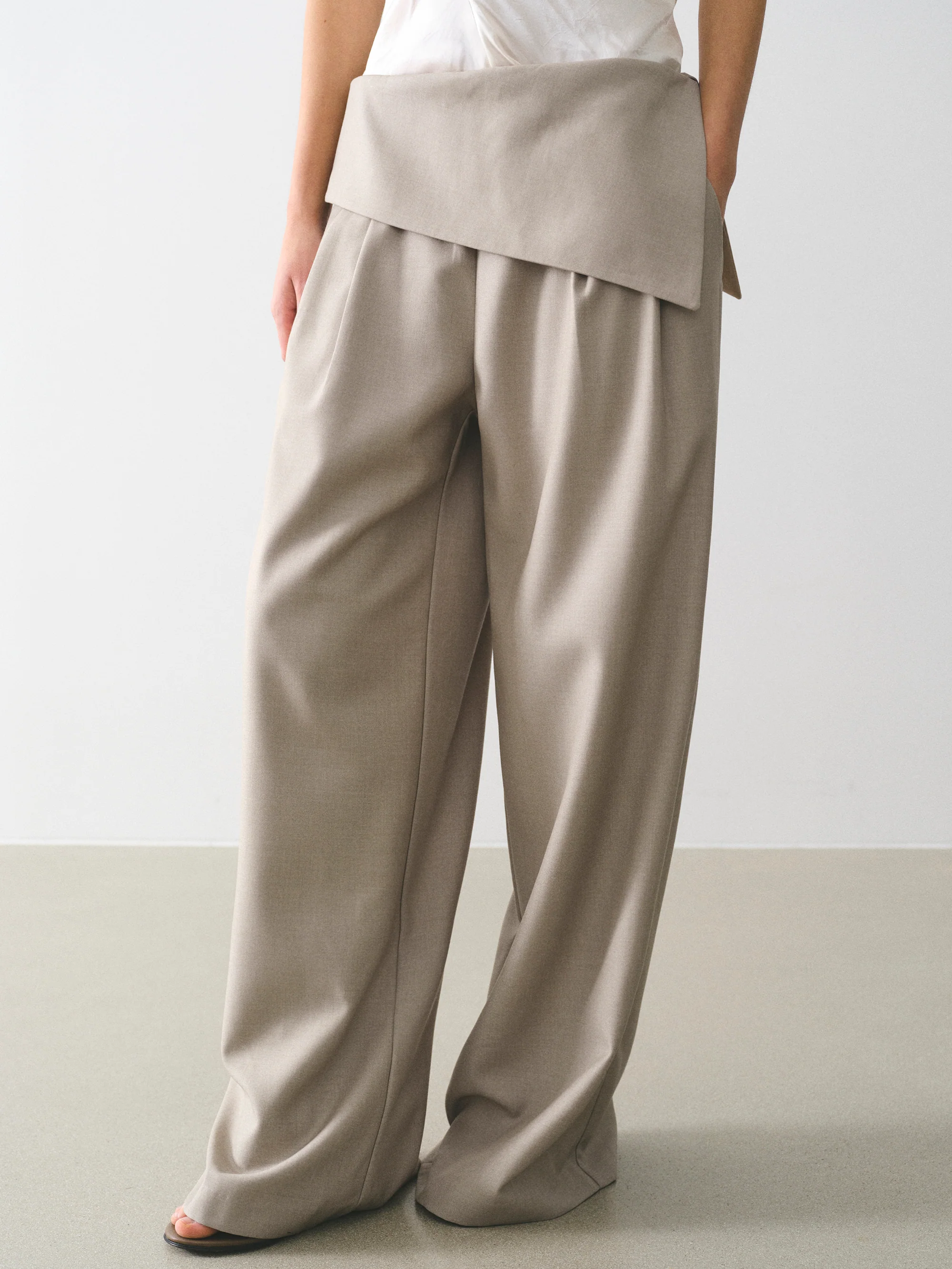 Asymmetric Folded Trousers, Beige - Image 3