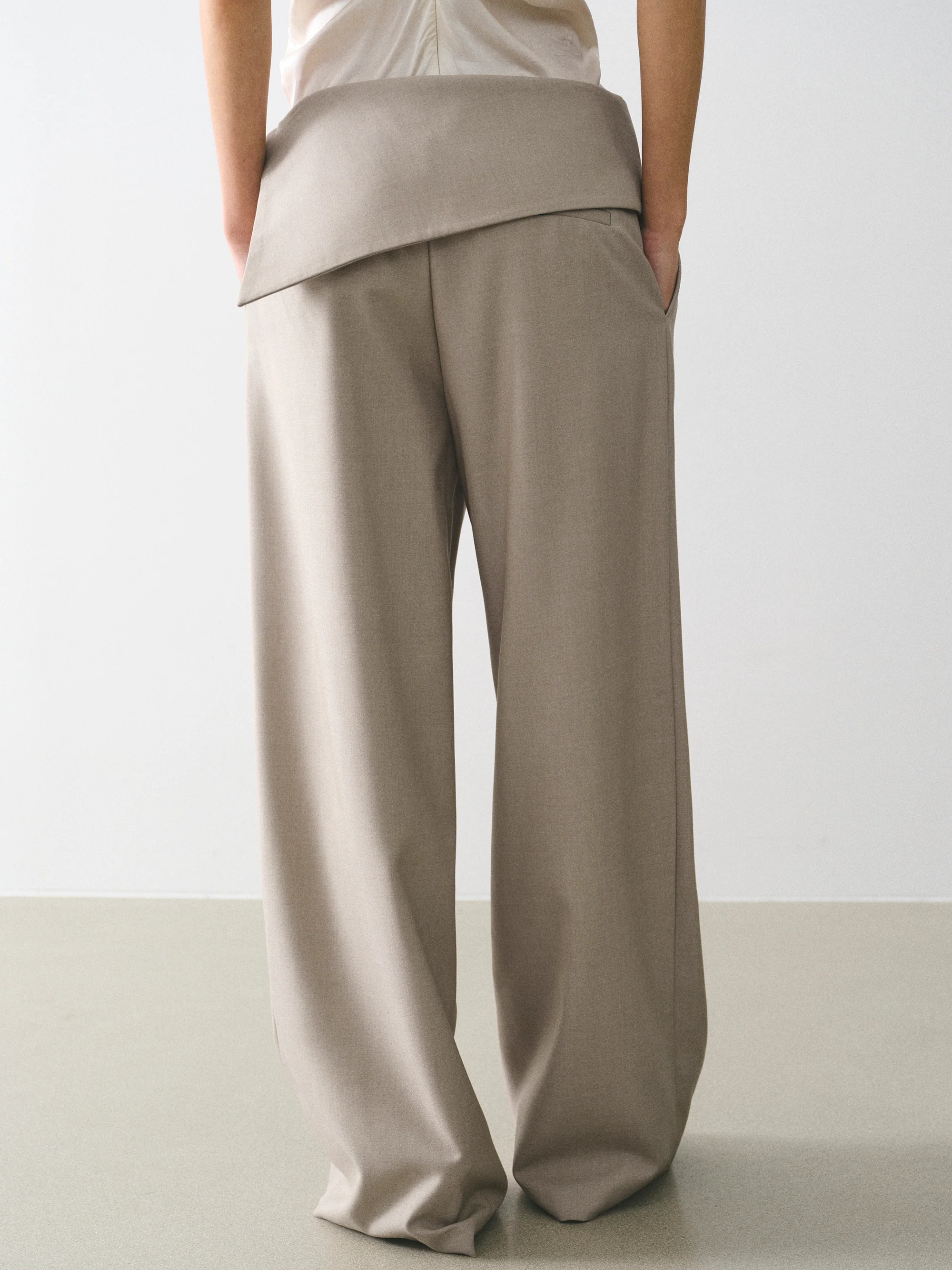 Asymmetric Folded Trousers, Beige - Image 4