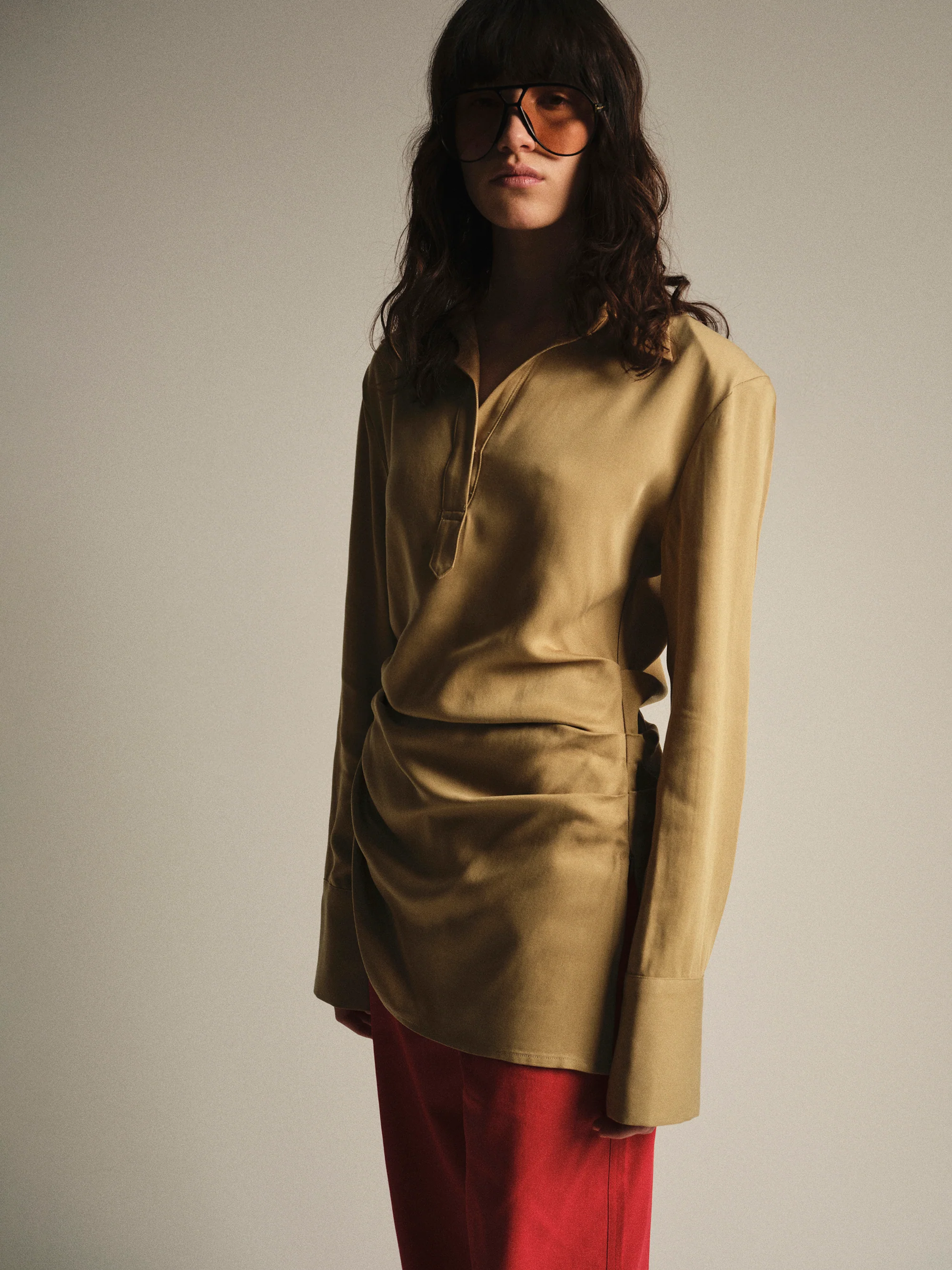 Asymmetric Ruched Blouse, Beige