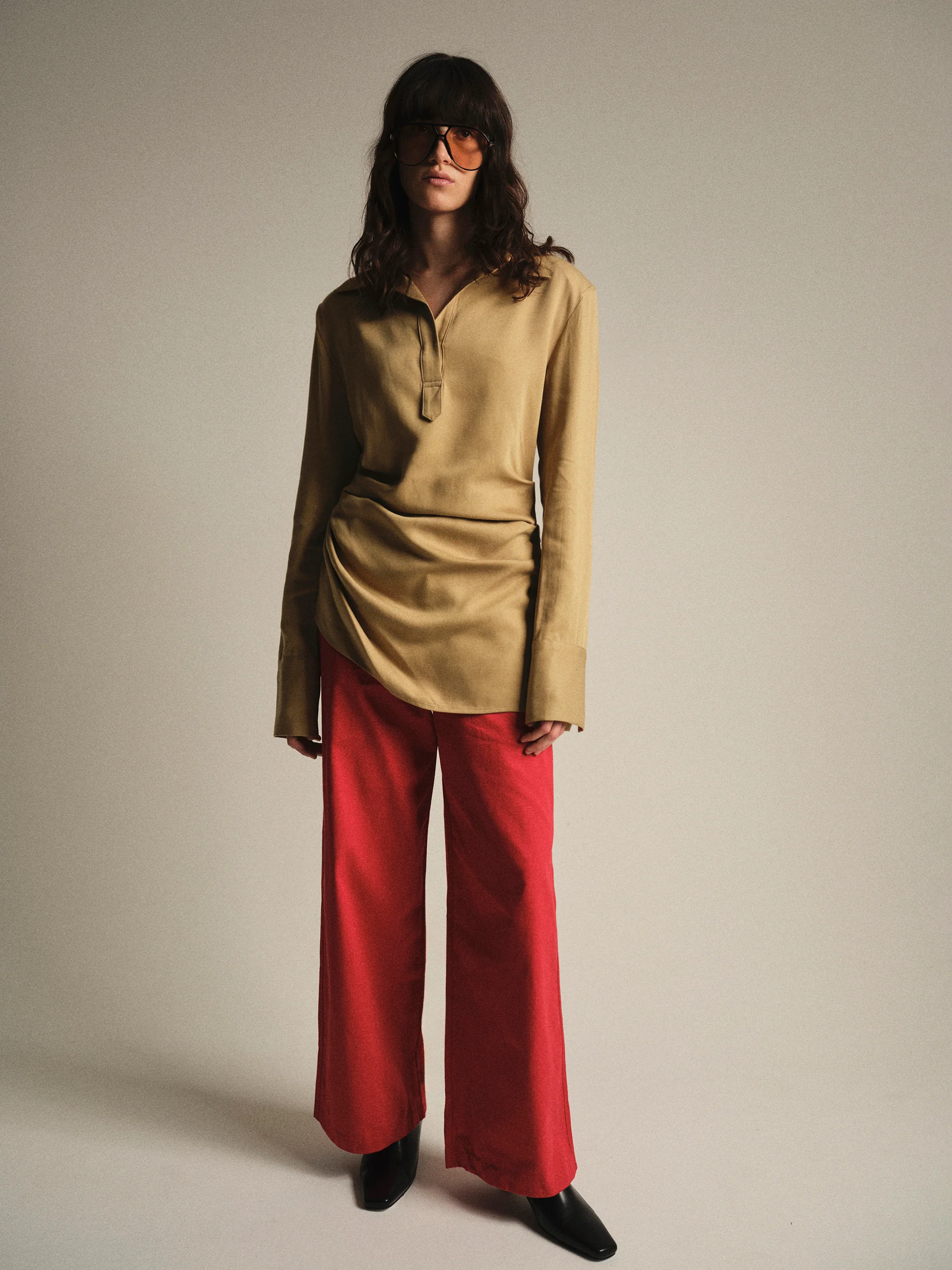 Asymmetric Ruched Blouse, Beige - Image 2