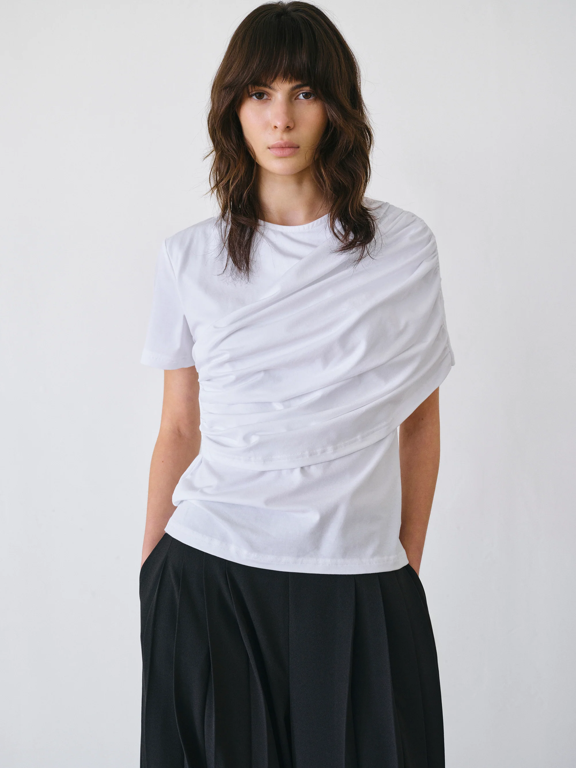 Asymmetric Ruched T-Shirt, White