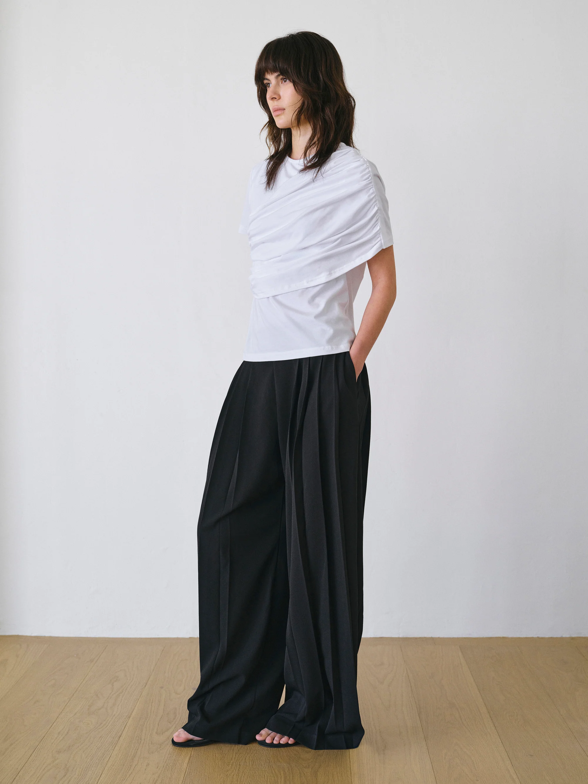 Asymmetric Ruched T-Shirt, White - Image 2