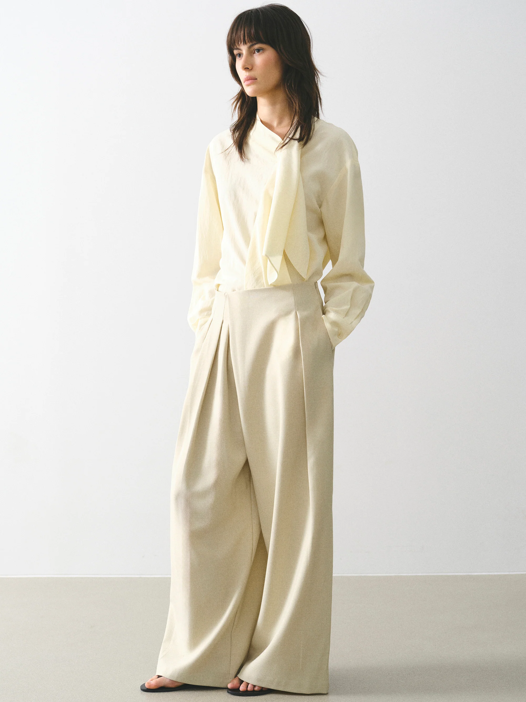 Asymmetrical-Waist Wide Trousers, Beige - Image 3