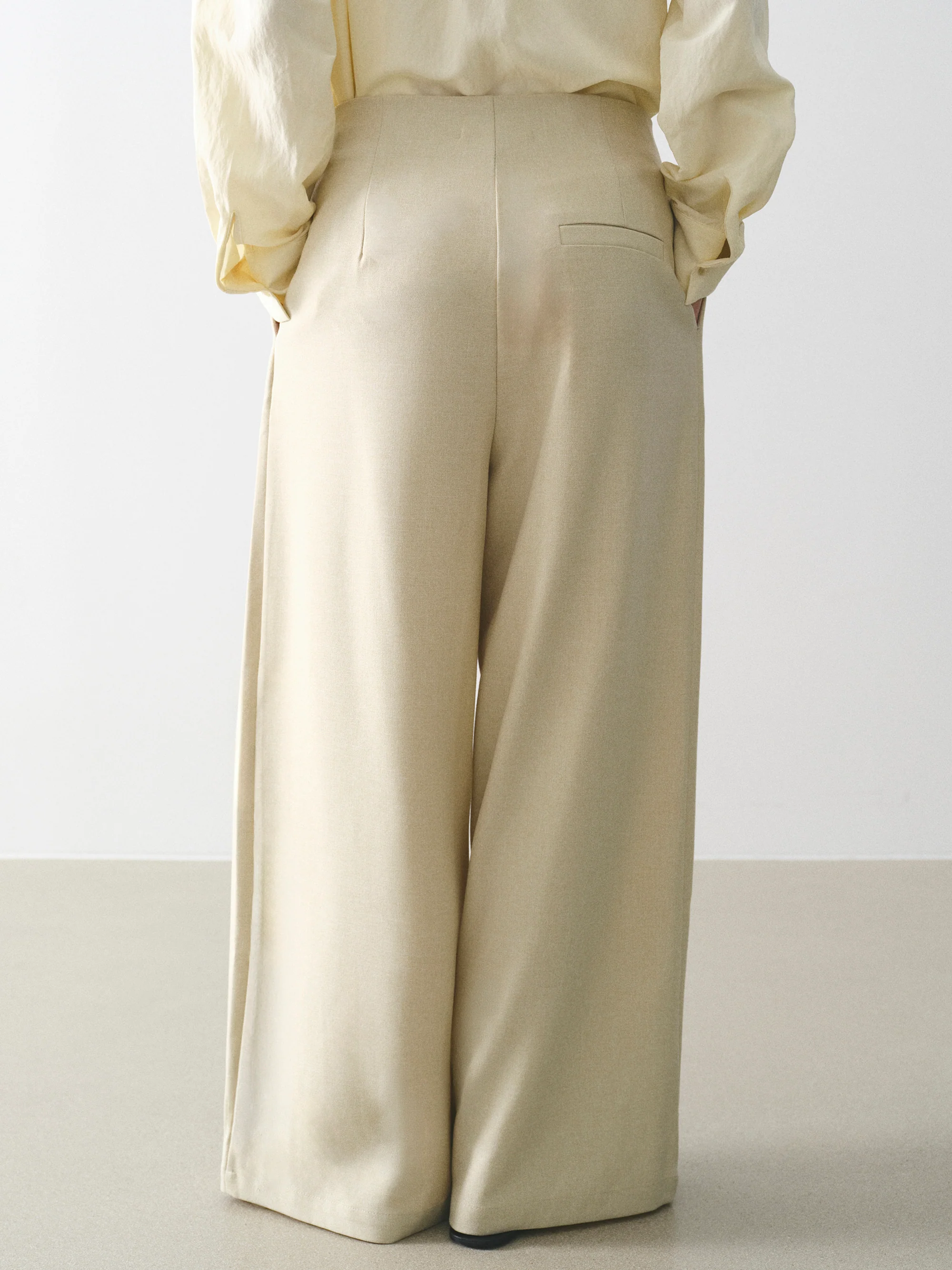Asymmetrical-Waist Wide Trousers, Beige - Image 4
