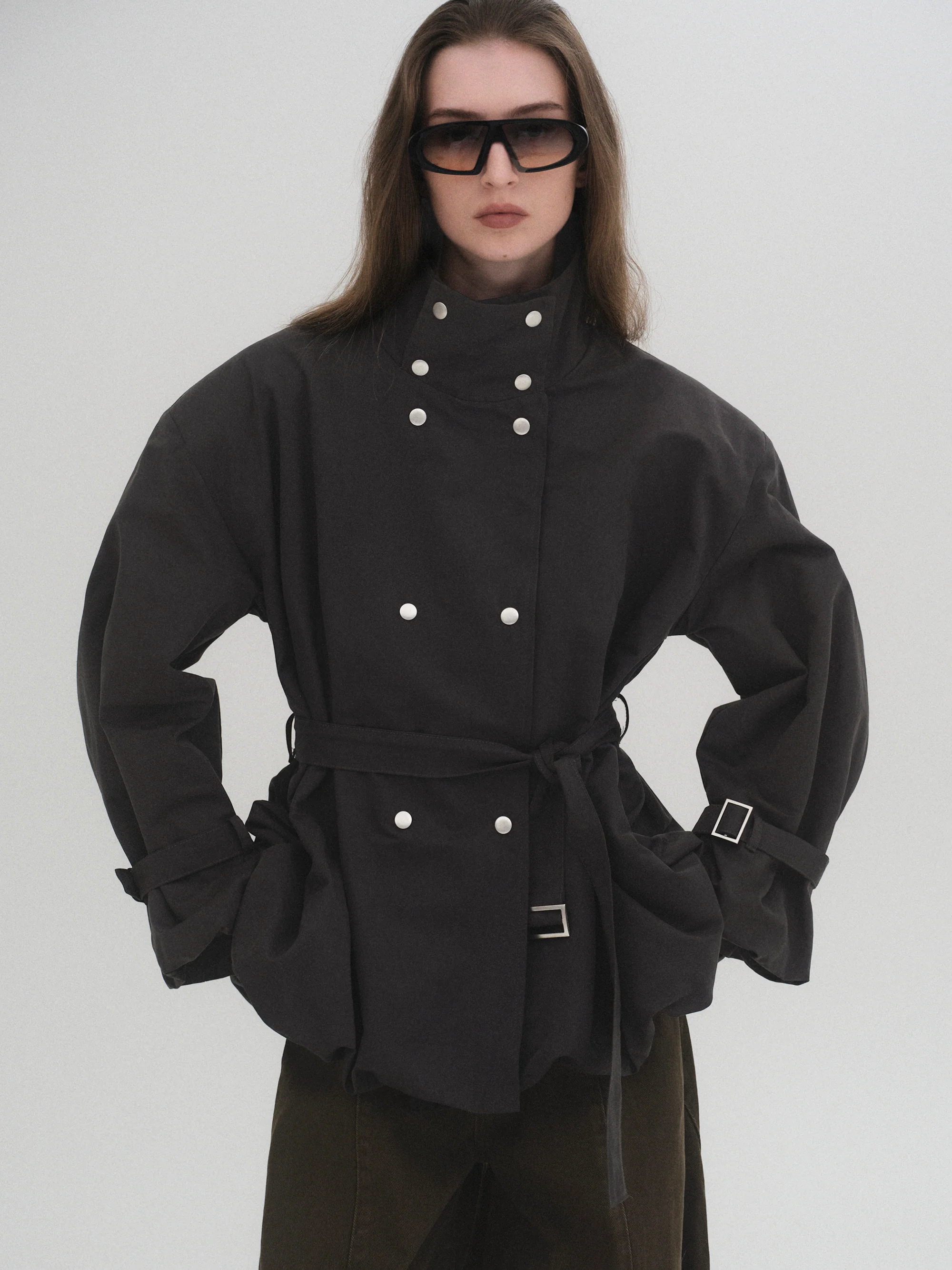 Balloon Short Trench Jacket, Charcoal - Image 2