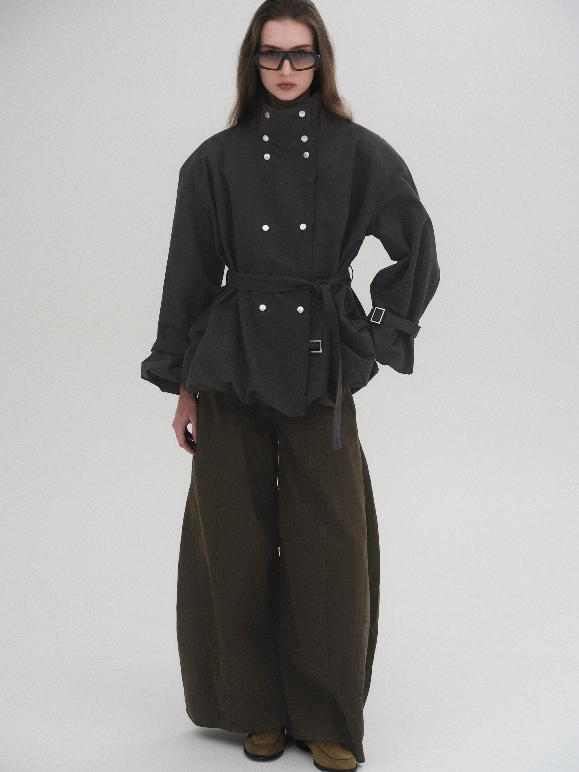 Balloon Short Trench Jacket, Charcoal - Image 3