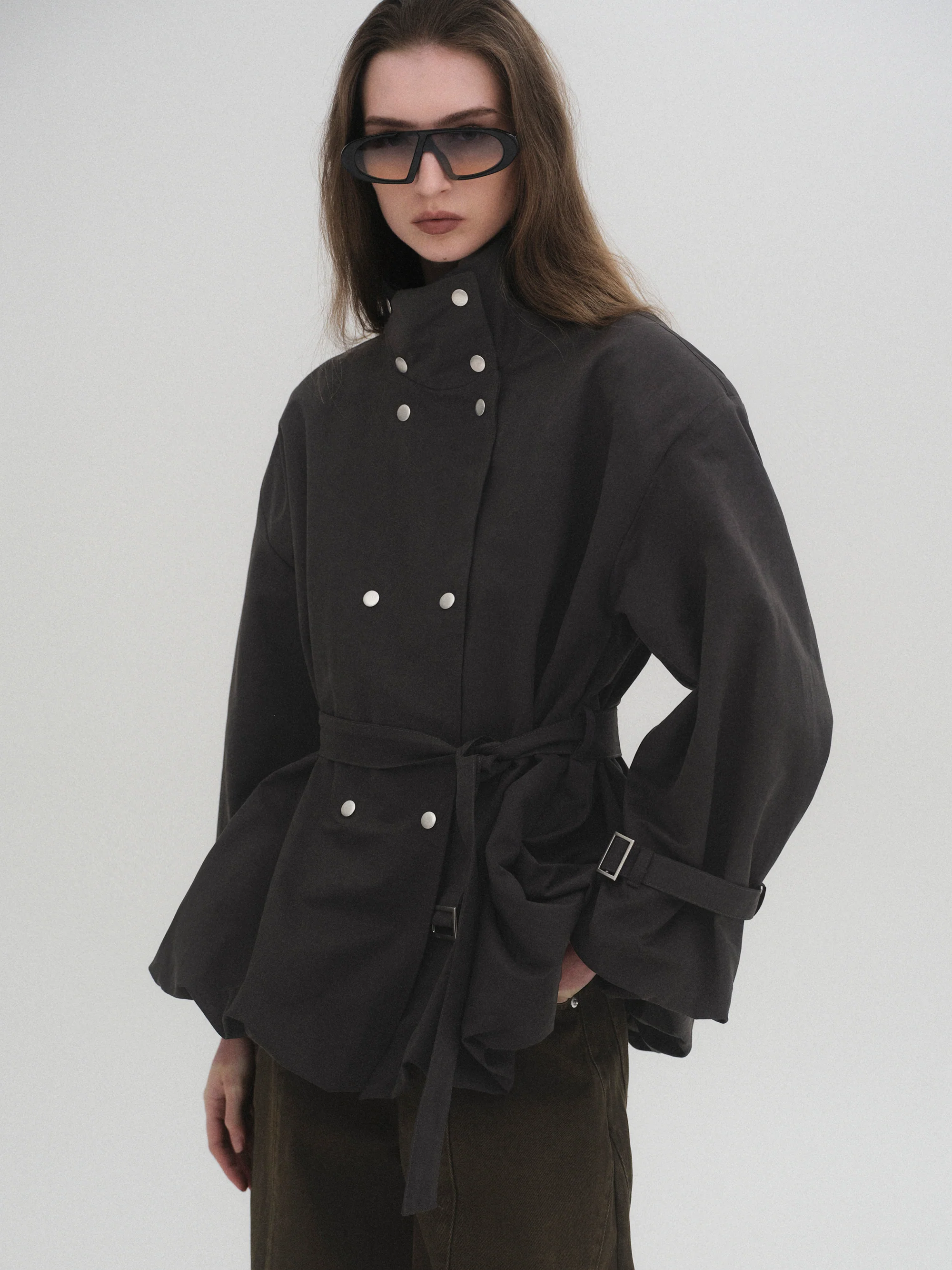 Balloon Short Trench Jacket, Charcoal - Image 4