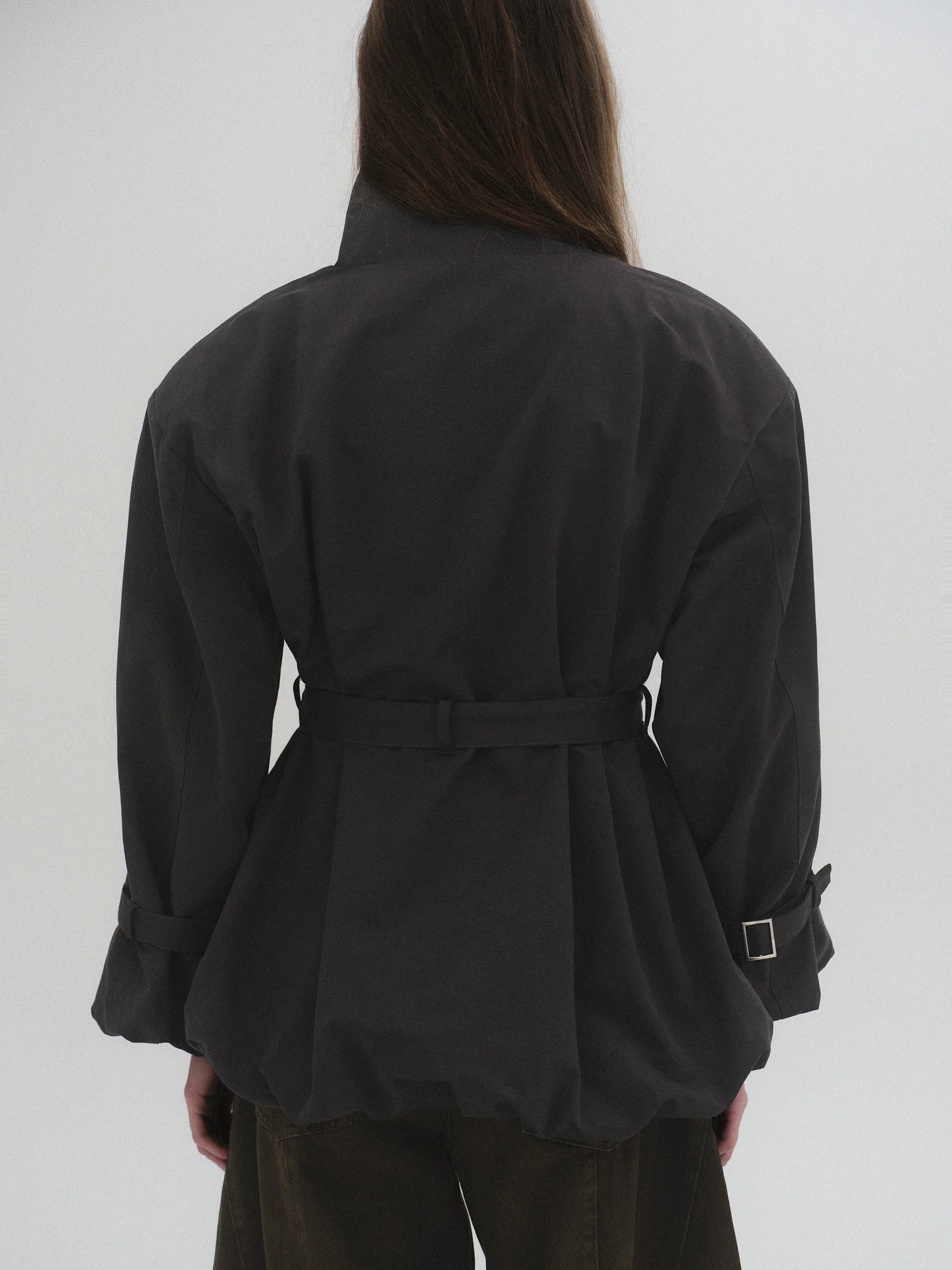 Balloon Short Trench Jacket, Charcoal - Image 5