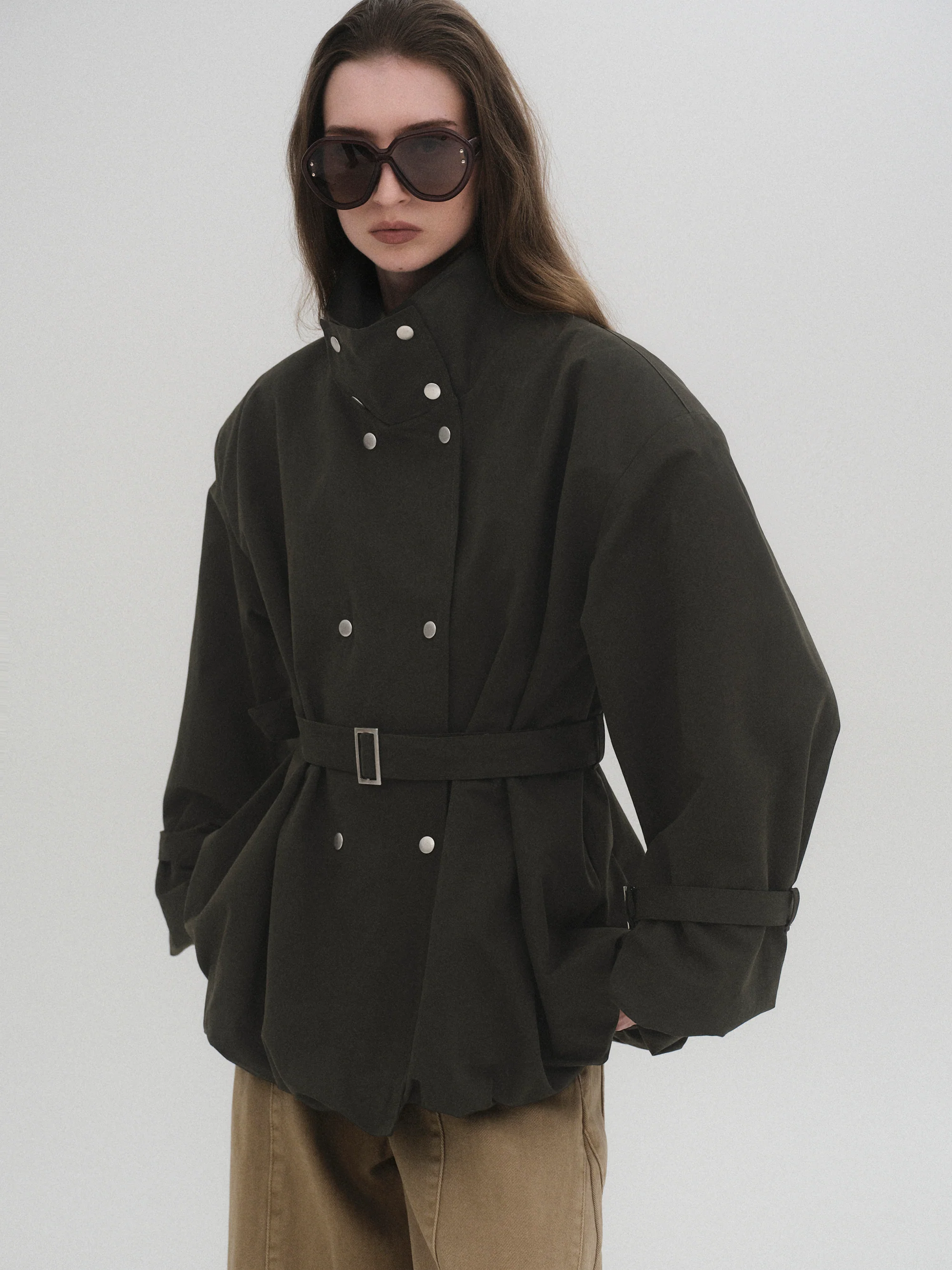 Balloon Short Trench Jacket, Olive