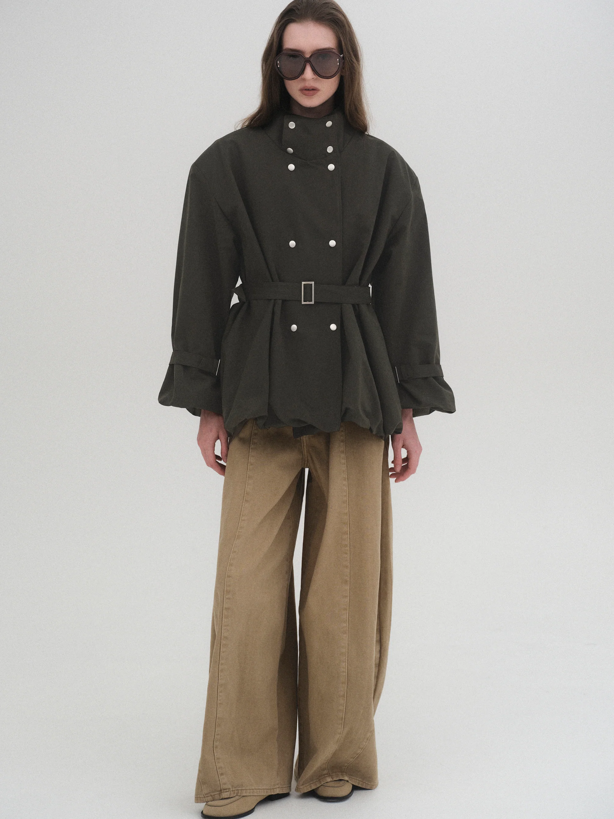 Balloon Short Trench Jacket, Olive - Image 2