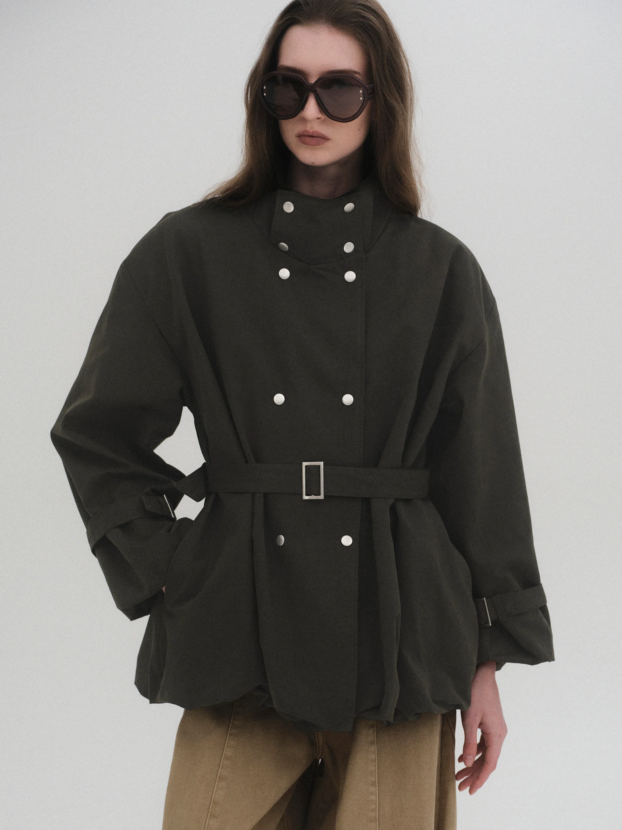 Balloon Short Trench Jacket, Olive - Image 3