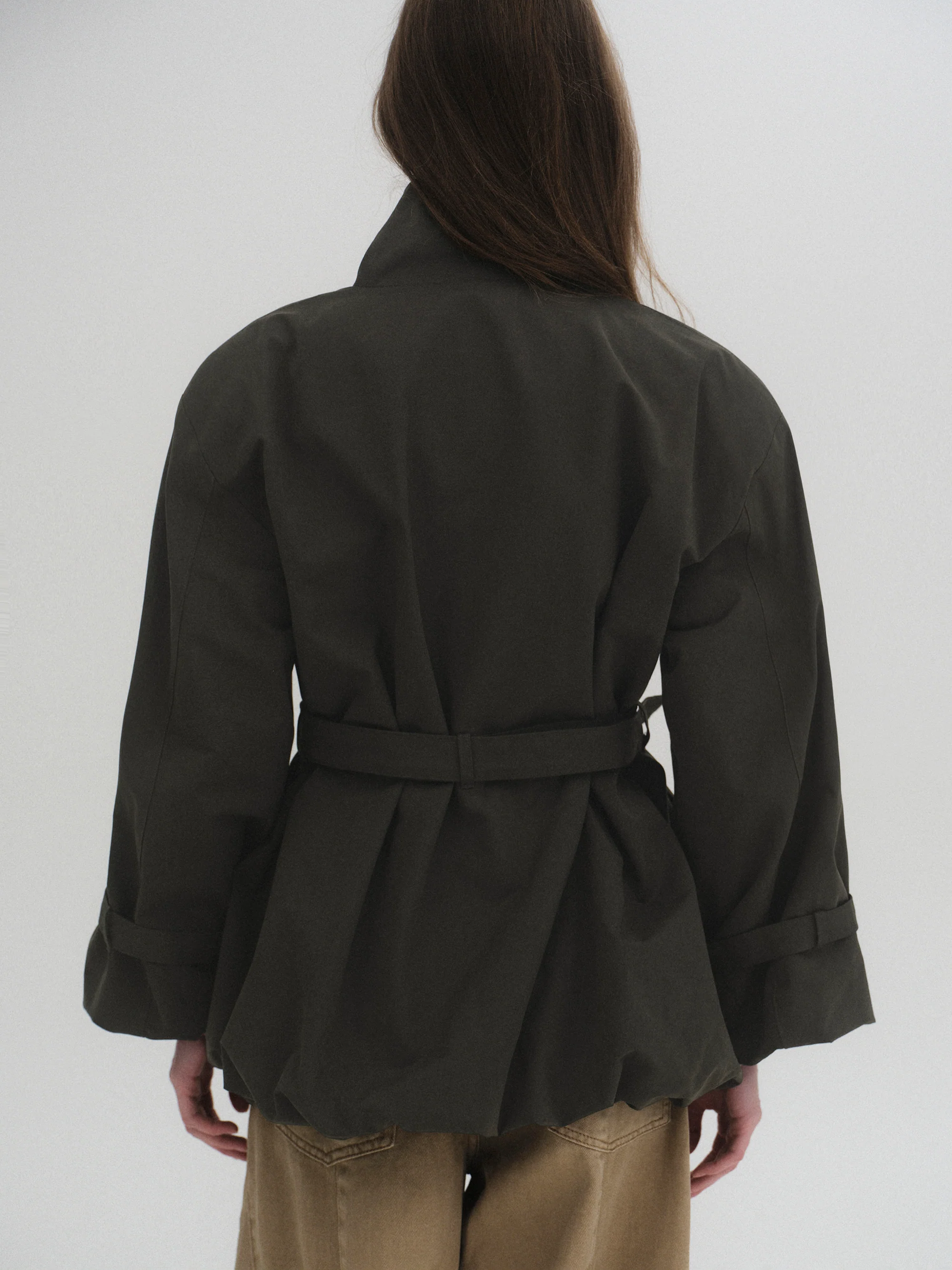 Balloon Short Trench Jacket, Olive - Image 4
