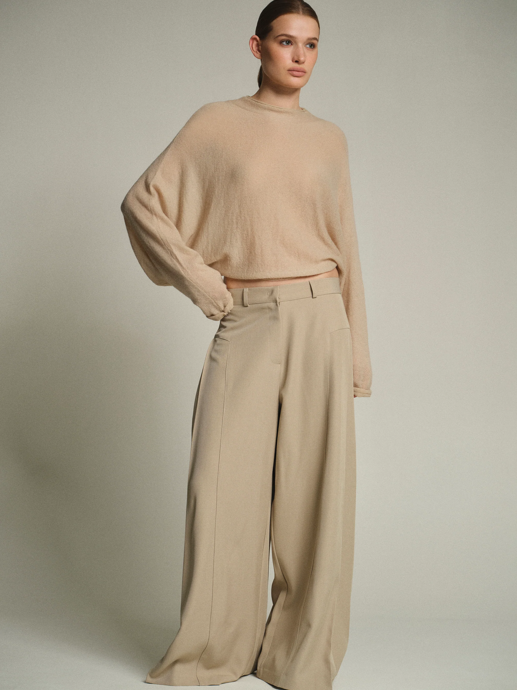 Batwing-Sleeve Knit Top, Nude