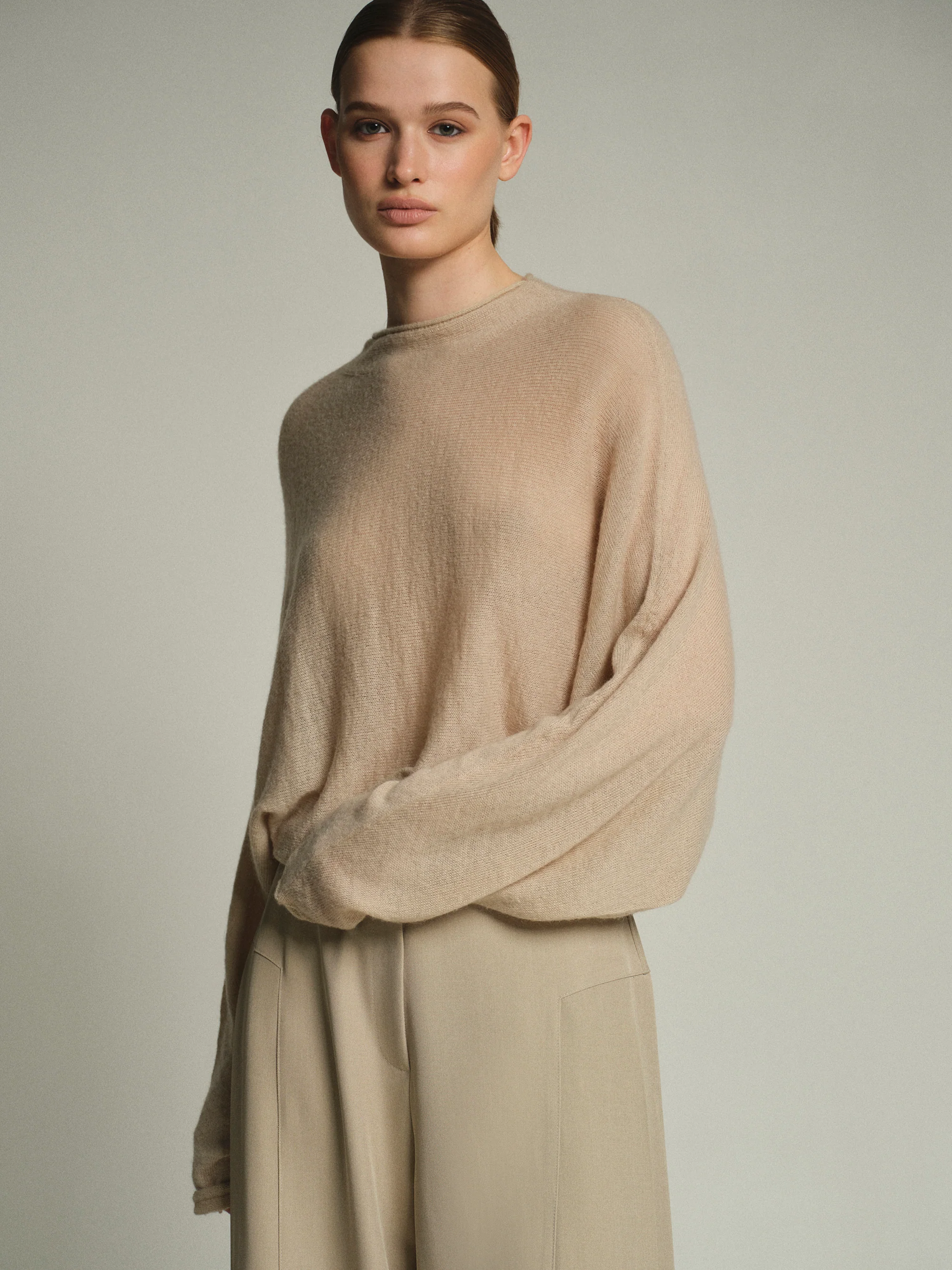 Batwing-Sleeve Knit Top, Nude - Image 2