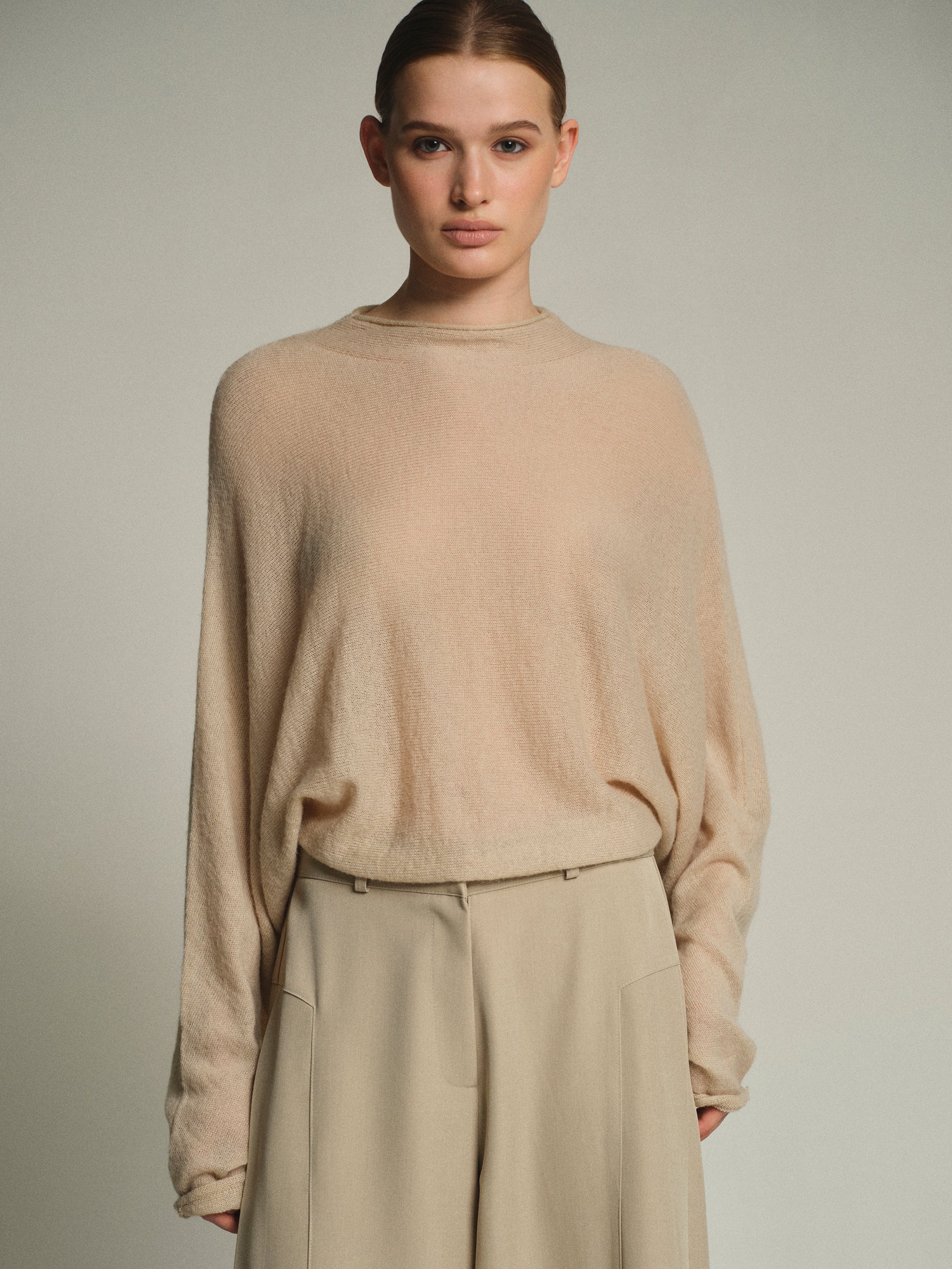 Batwing-Sleeve Knit Top, Nude - Image 3