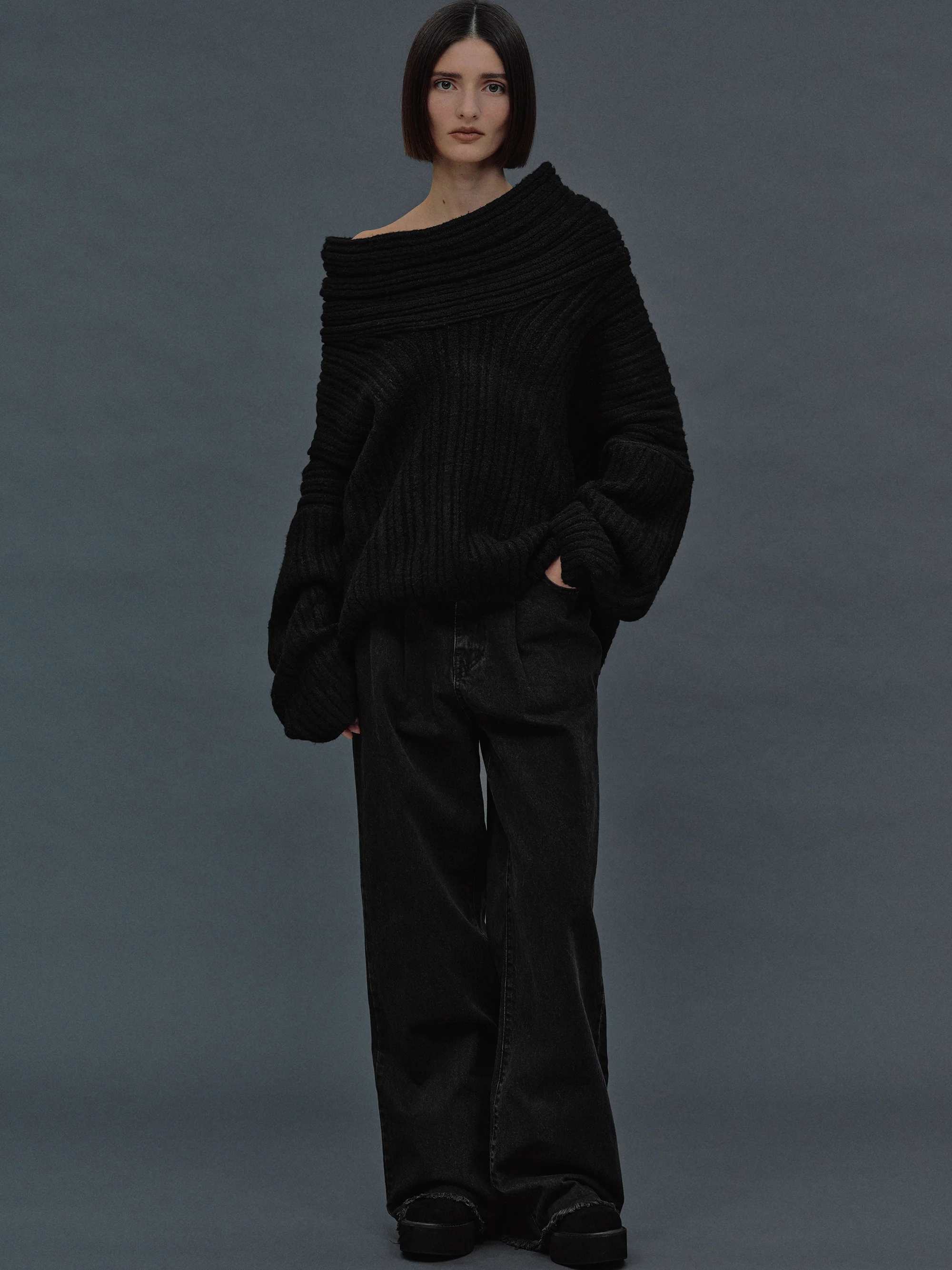 Becca Oversized High Roll Knit Pullover, Black - Image 2