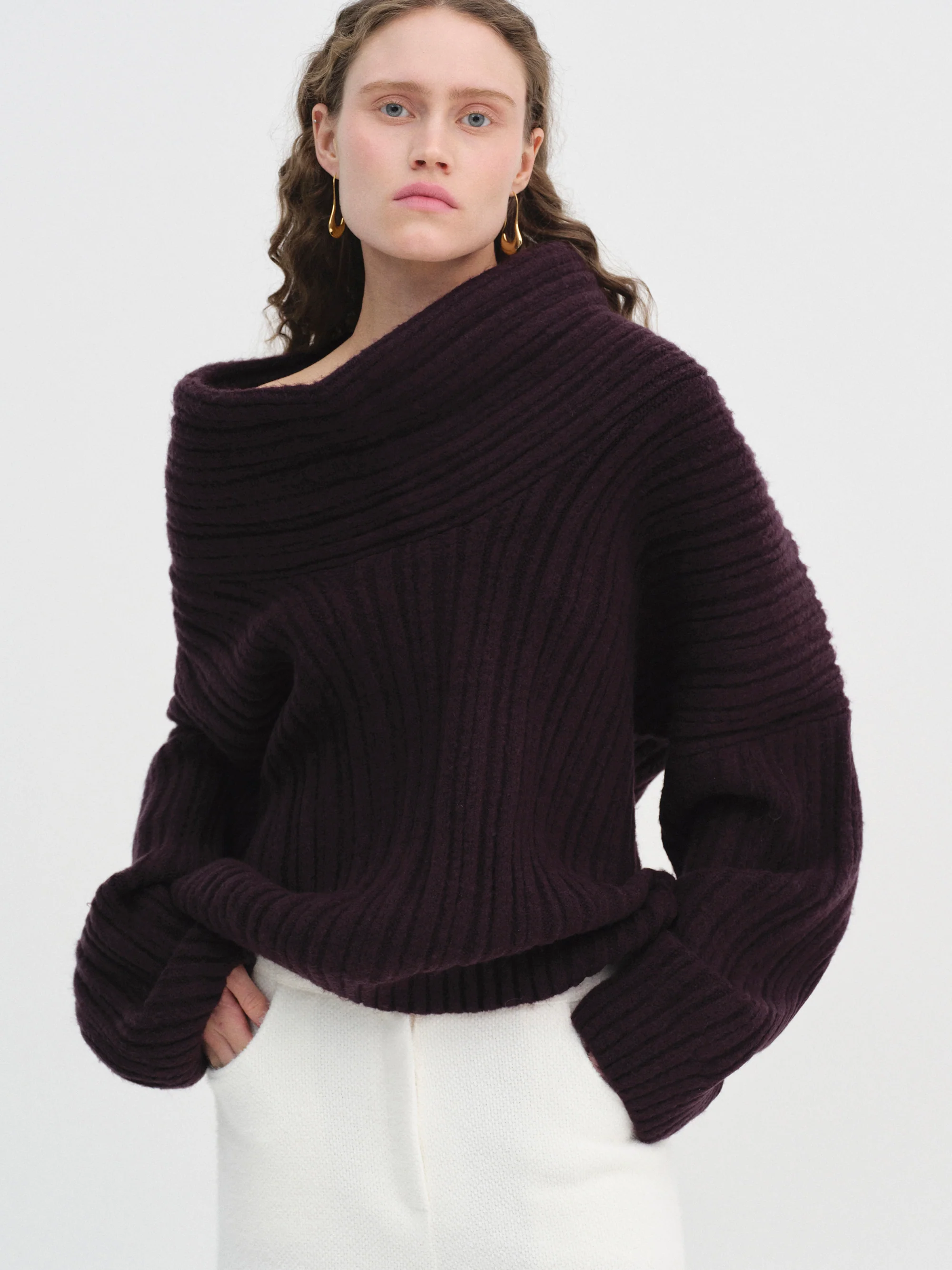 Becca Oversized High Roll Knit Pullover, Black Berry
