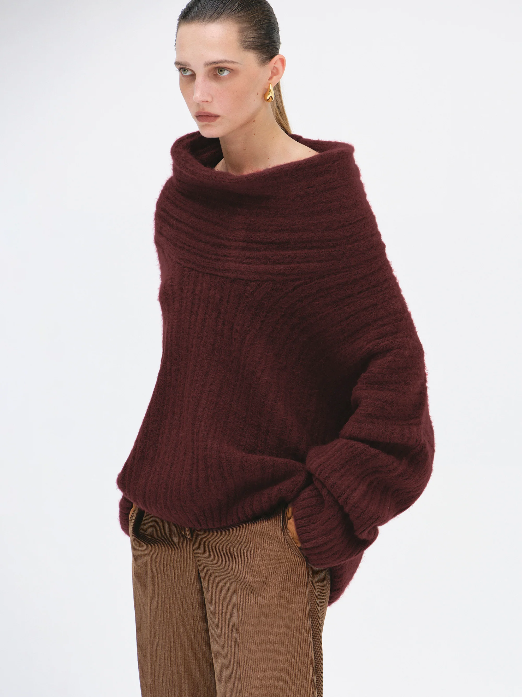 Becca Oversized High Roll Knit Pullover, Burgundy