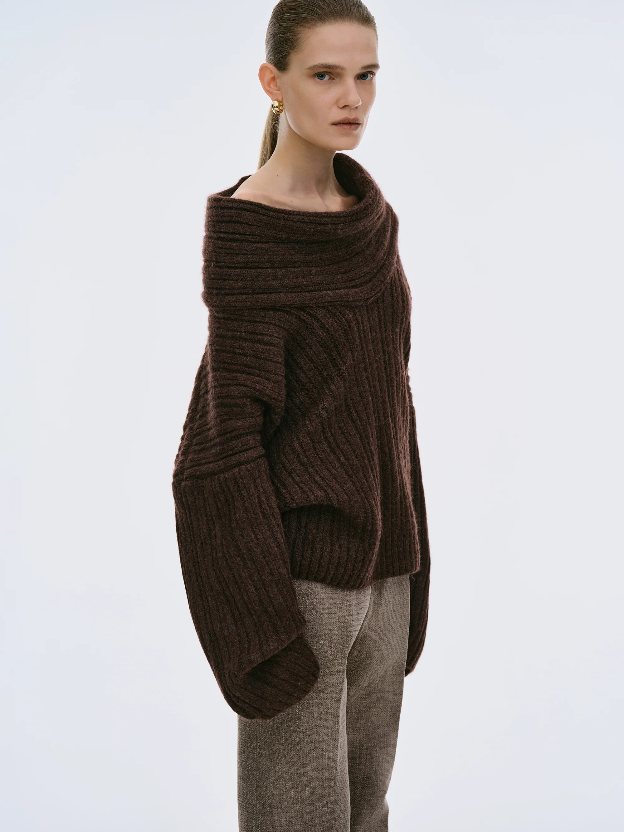 Becca Oversized High Roll Knit Pullover, Chocolate - Image 2