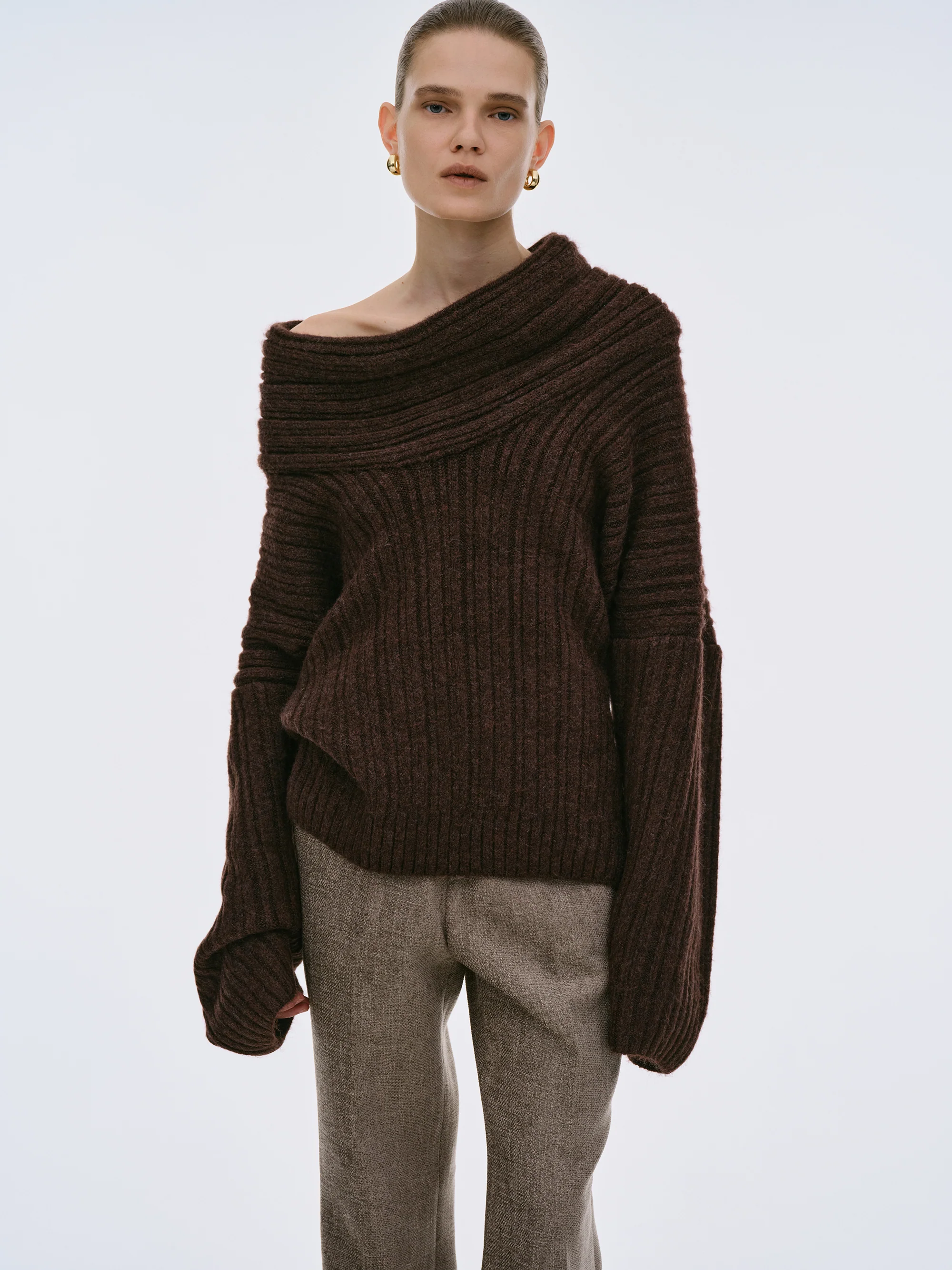 Becca Oversized High Roll Knit Pullover, Chocolate - Image 3