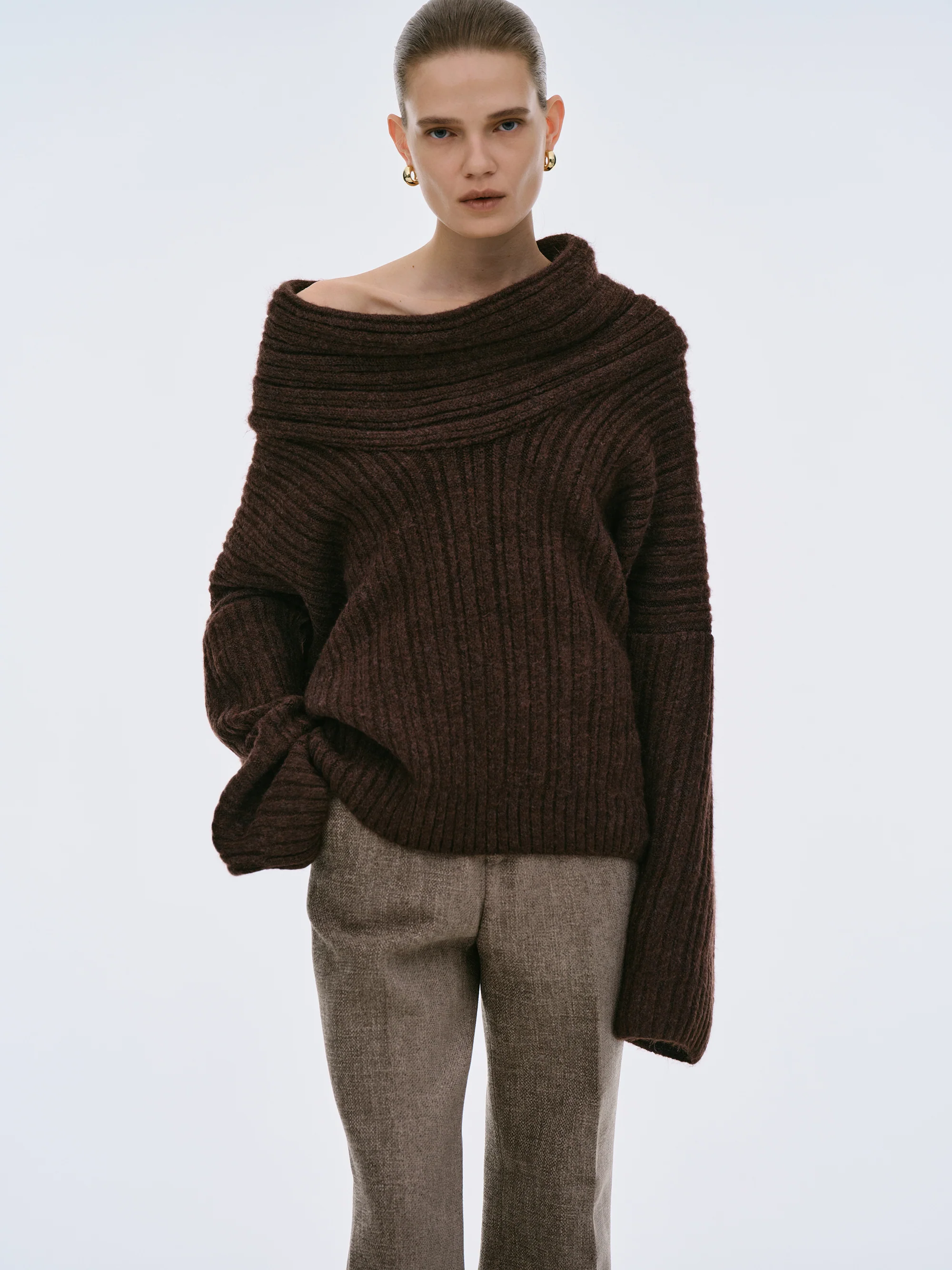 Becca Oversized High Roll Knit Pullover, Chocolate - Image 6