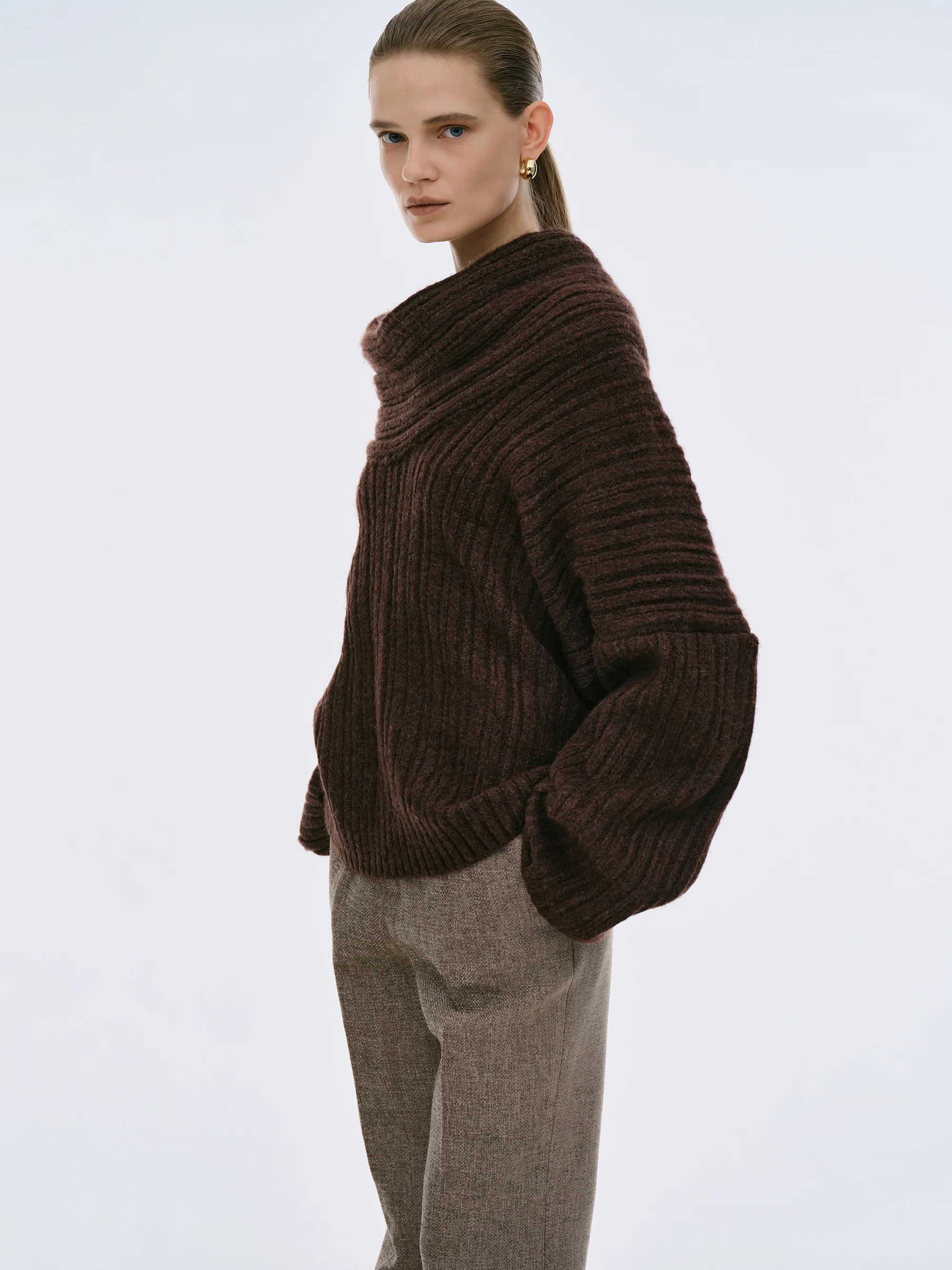 Becca Oversized High Roll Knit Pullover, Chocolate - Image 8