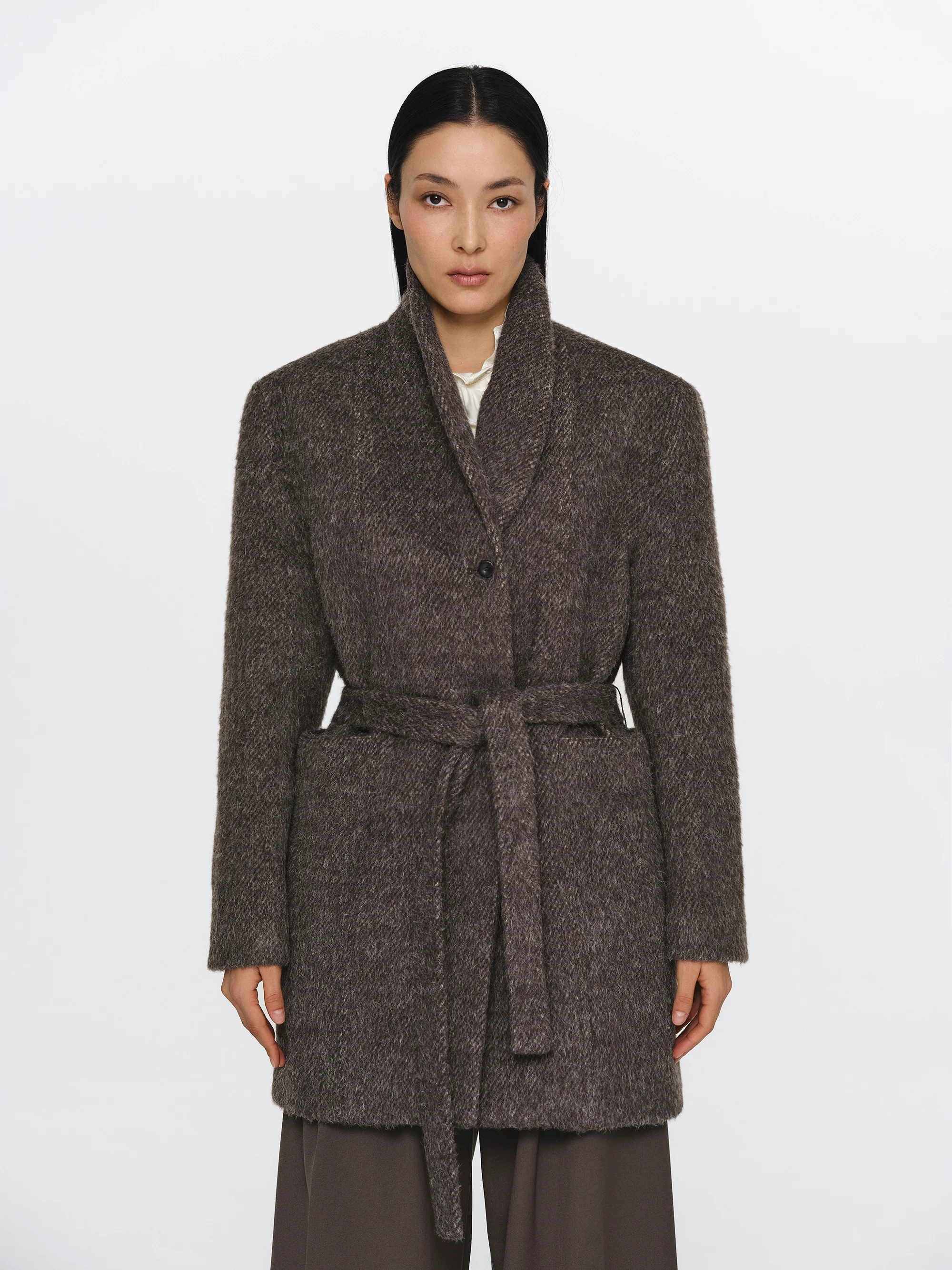 Belted Brushed Coat, Brown