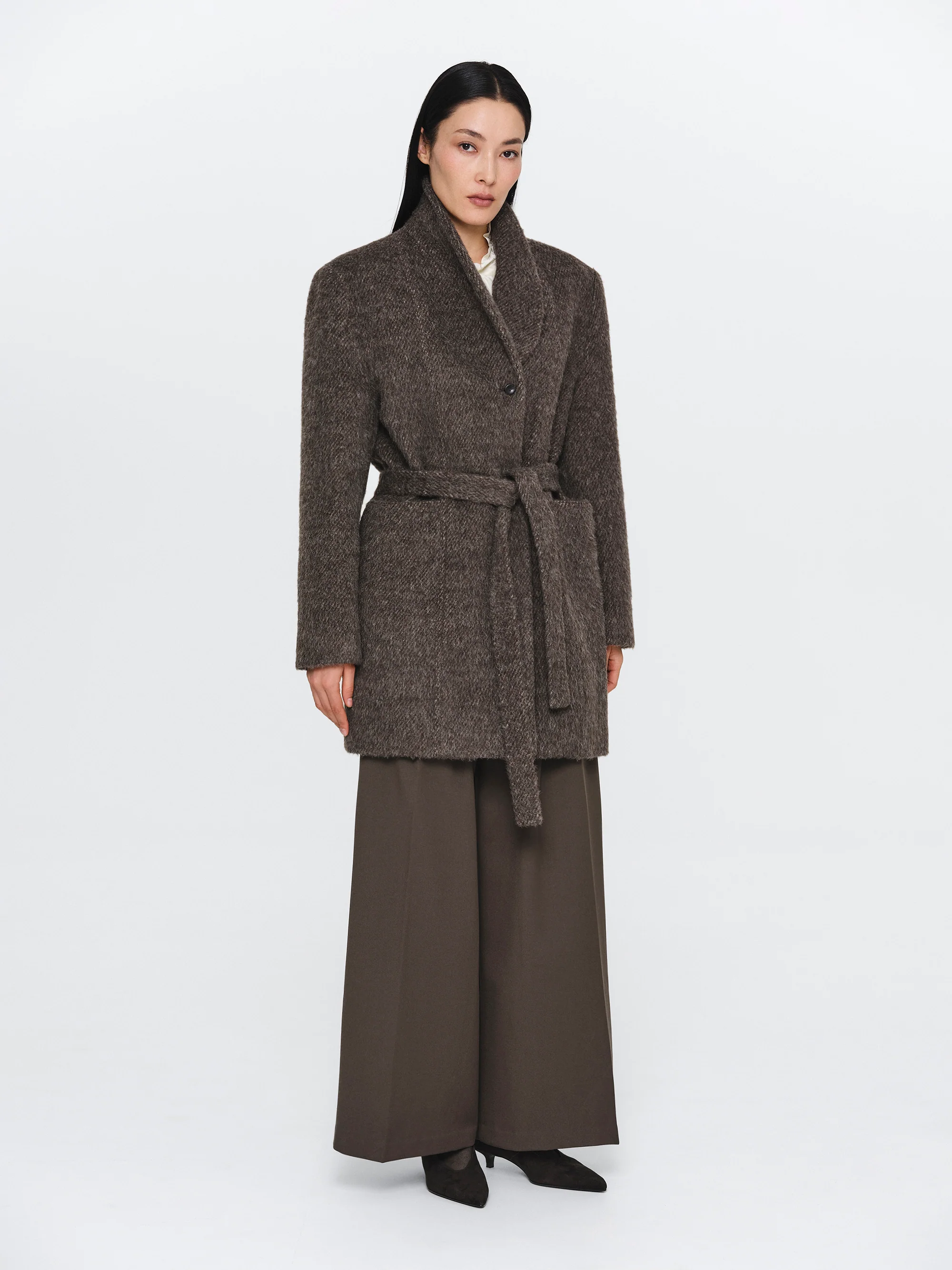 Belted Brushed Coat, Brown - Image 2