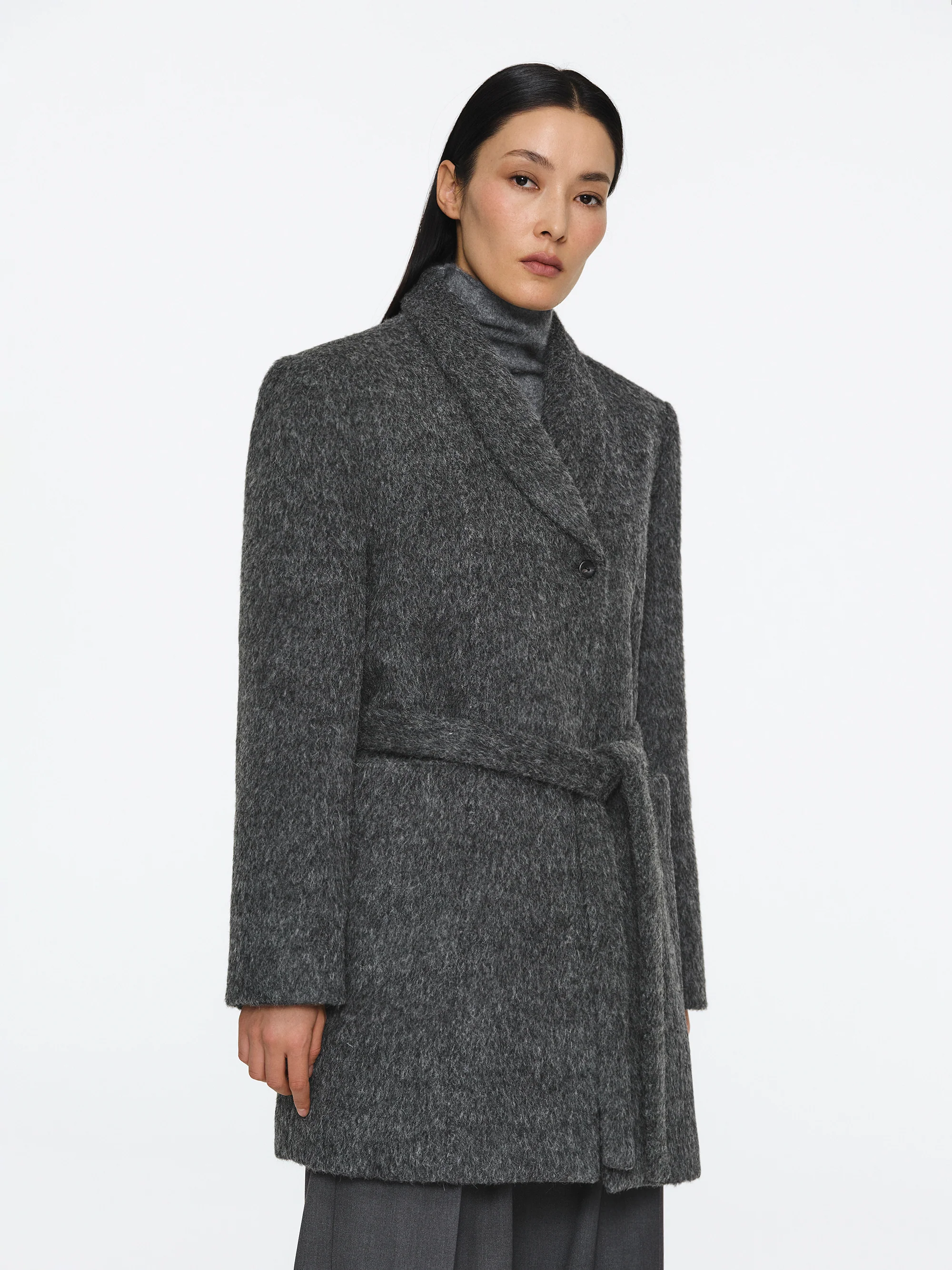 Belted Brushed Coat, Charcoal