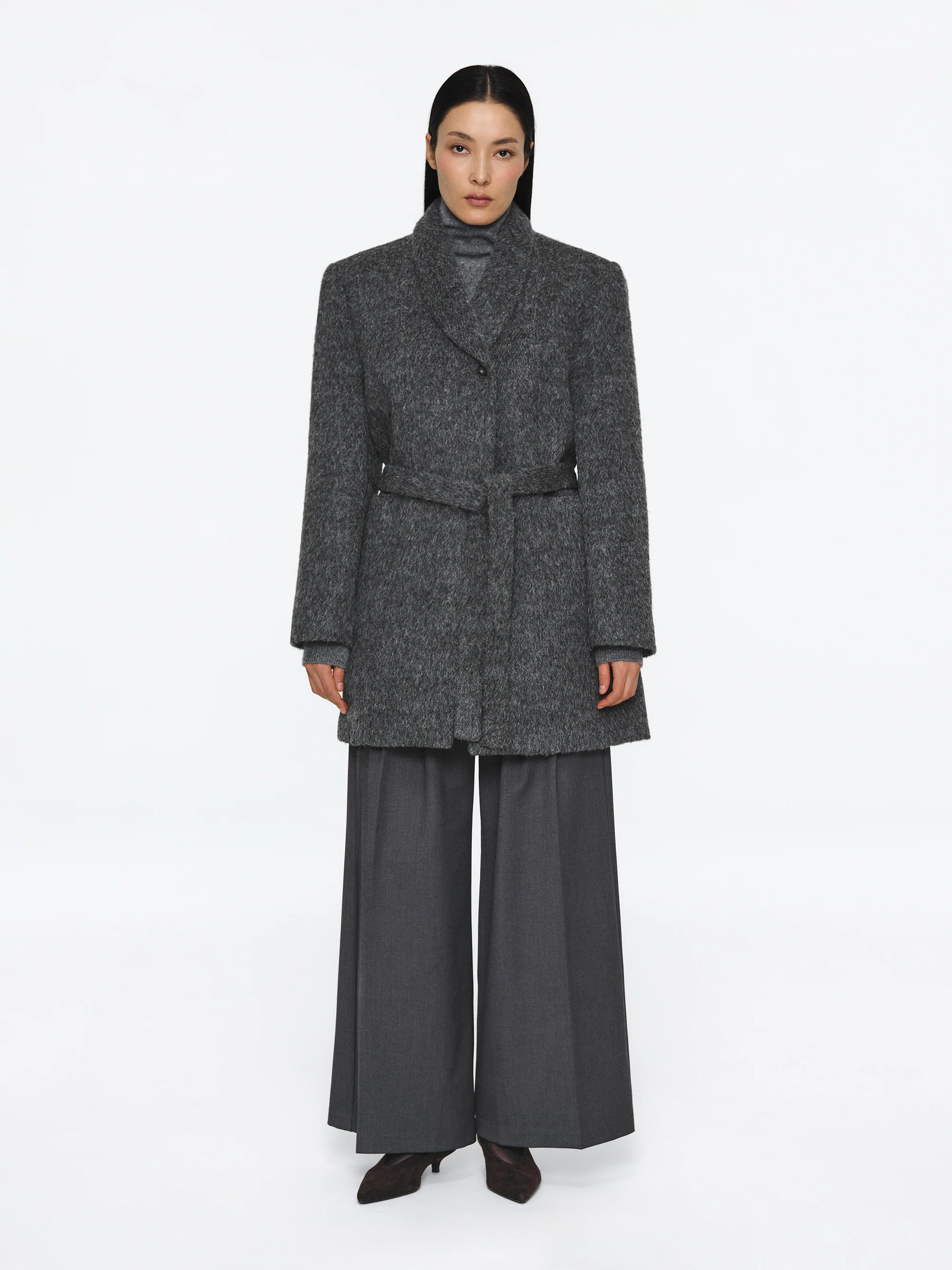 Belted Brushed Coat, Charcoal - Image 3