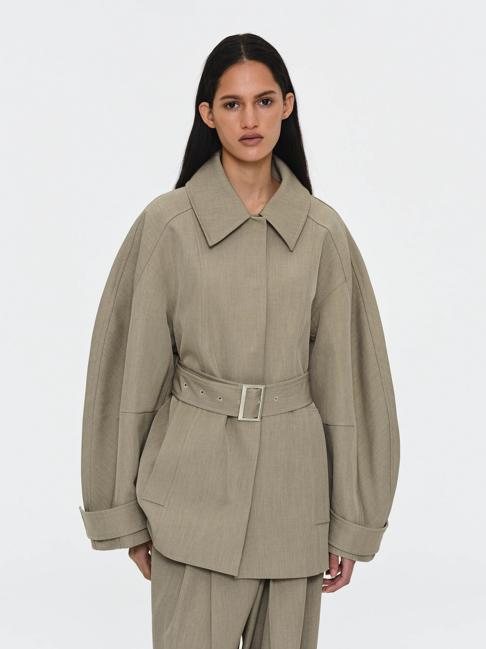 Belted Cocoon Jacket, Beige - Image 3