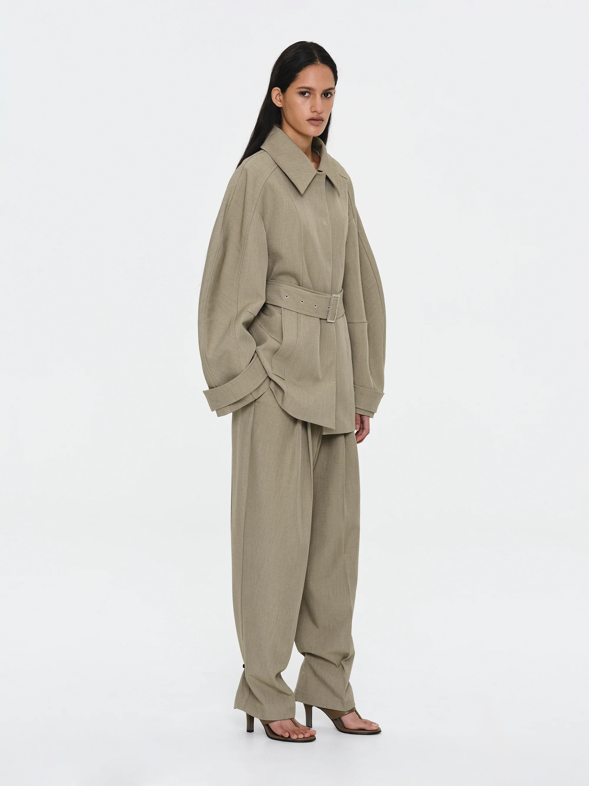 Belted Cocoon Jacket, Beige - Image 4