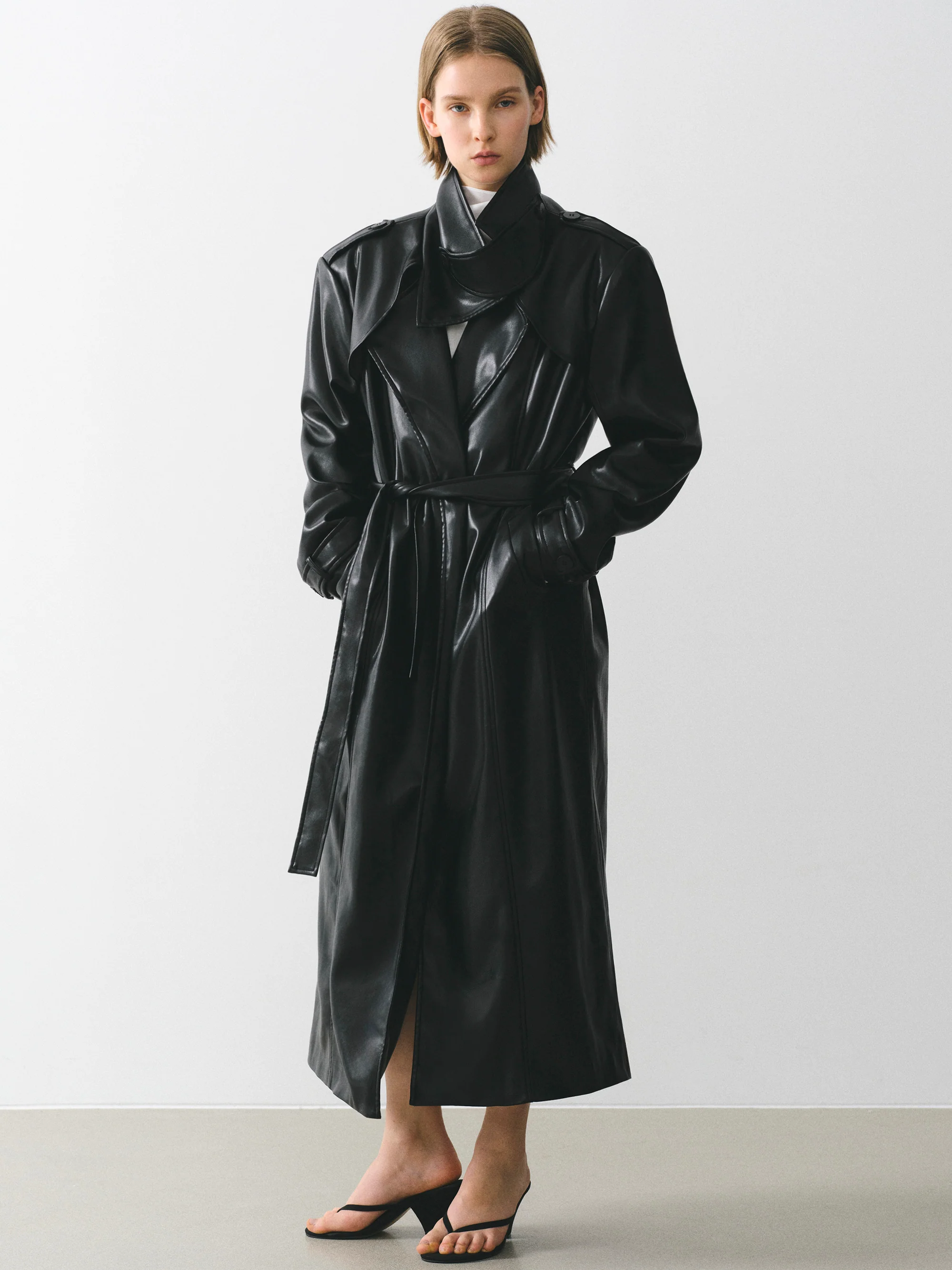Belted Faux-Leather Coat, Black