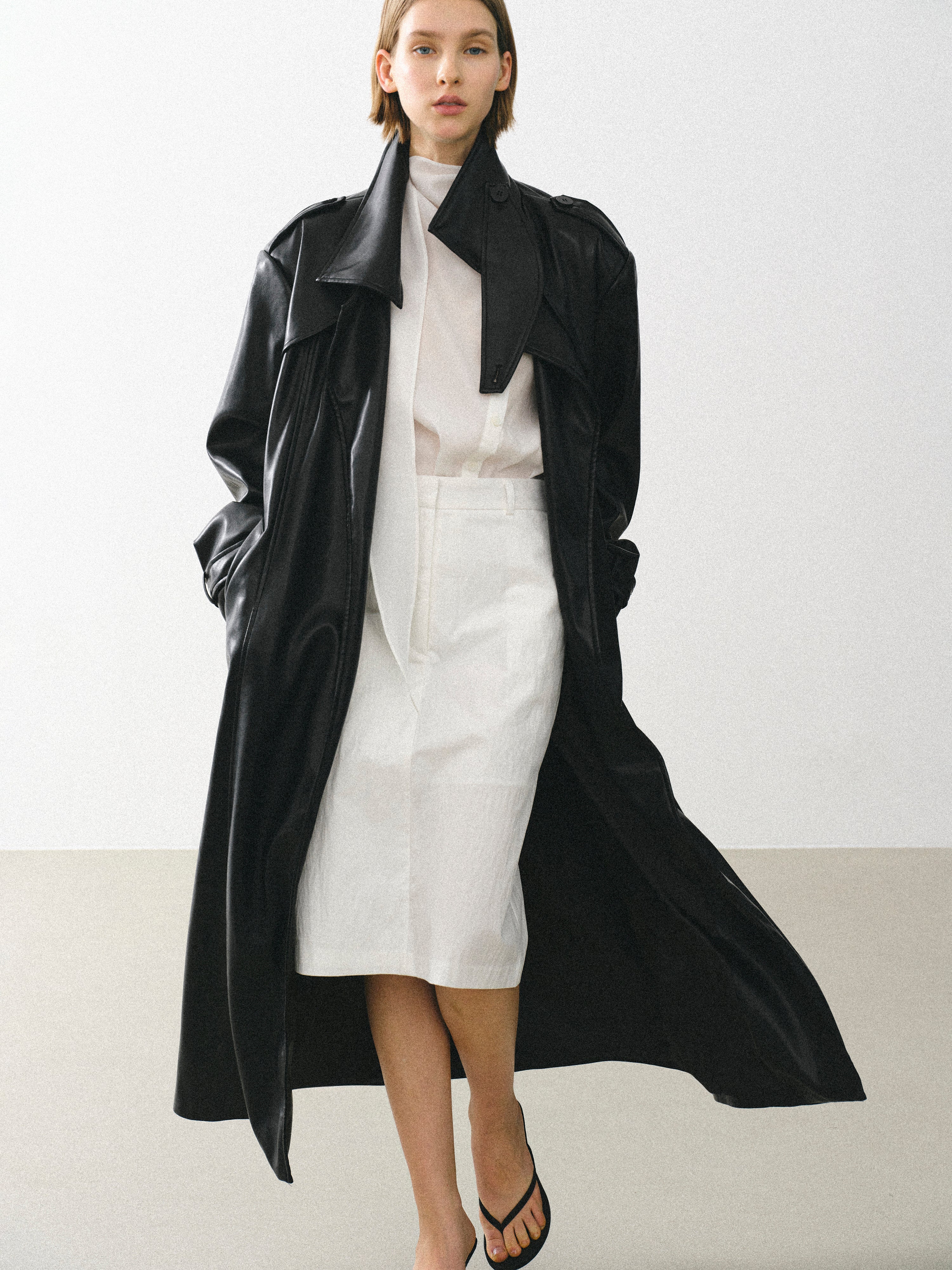 Belted Faux-Leather Coat, Black - Image 2