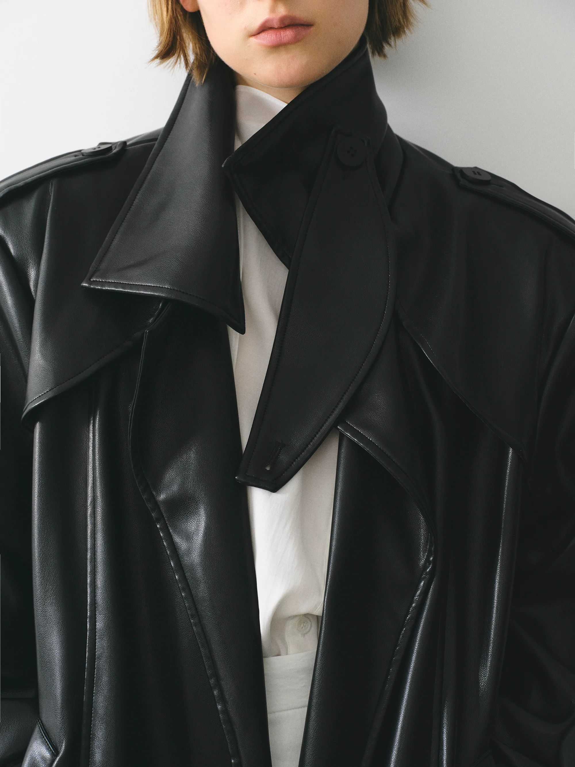 Belted Faux-Leather Coat, Black - Image 3