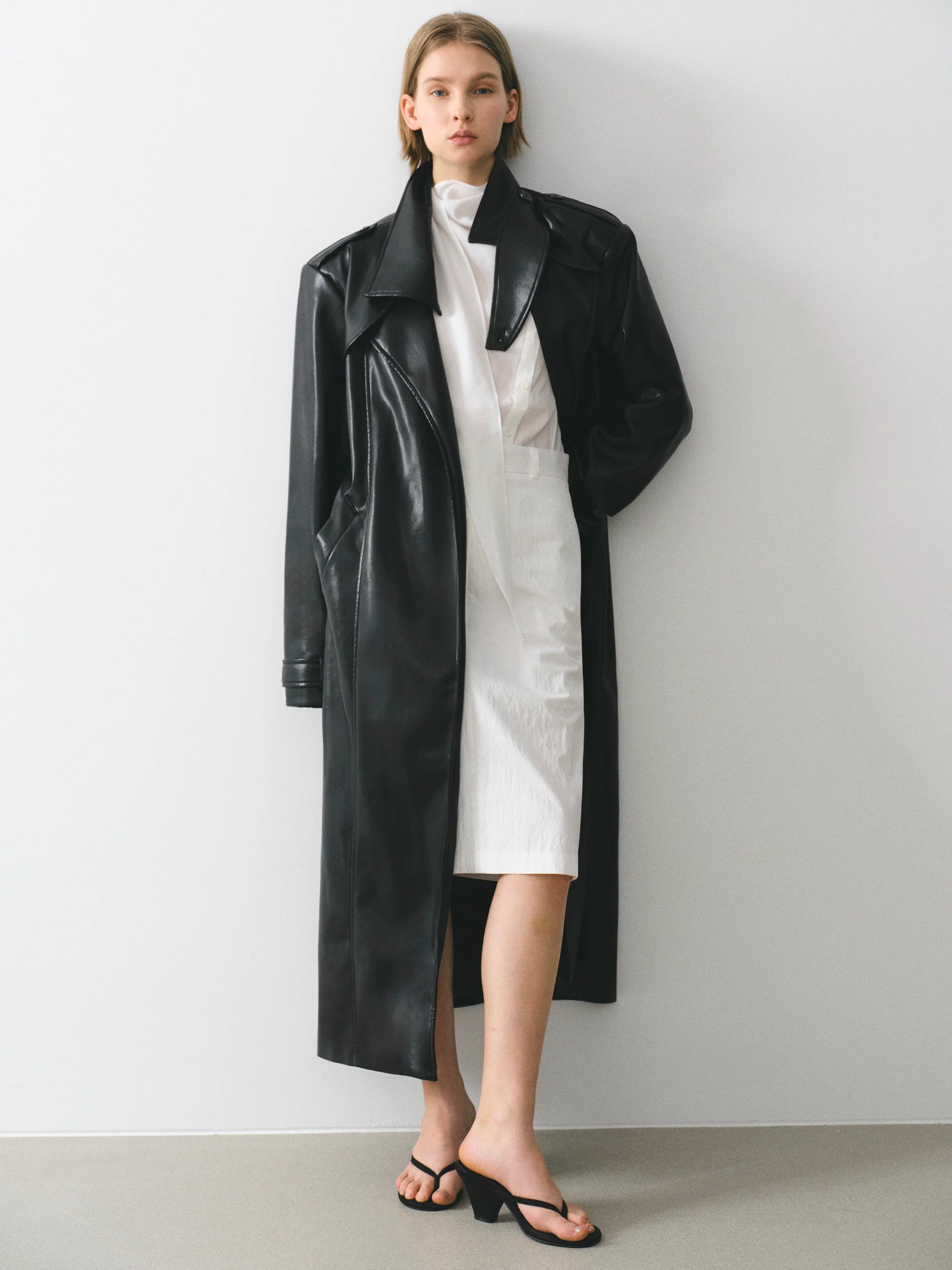 Belted Faux-Leather Coat, Black - Image 4