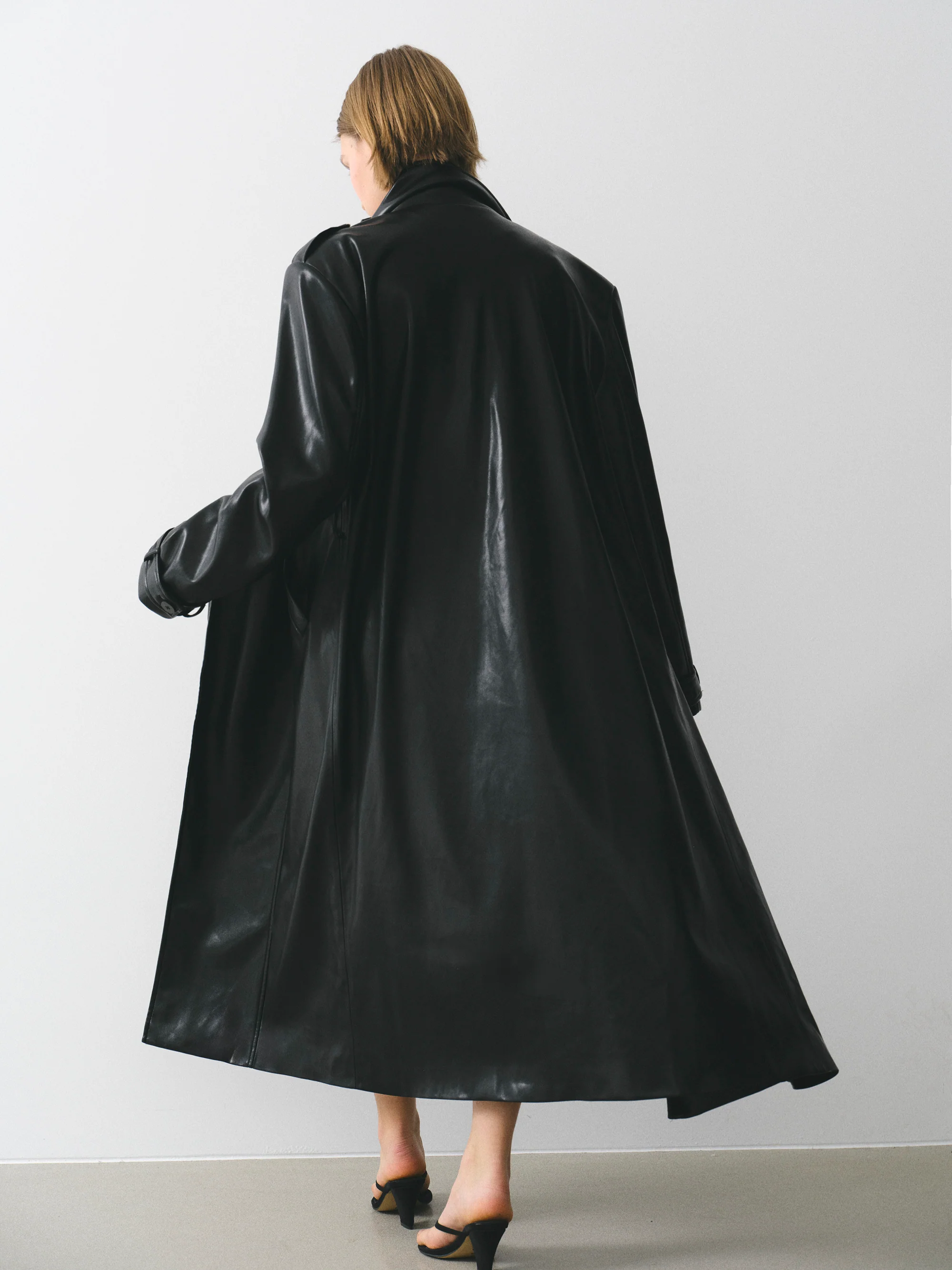 Belted Faux-Leather Coat, Black - Image 5