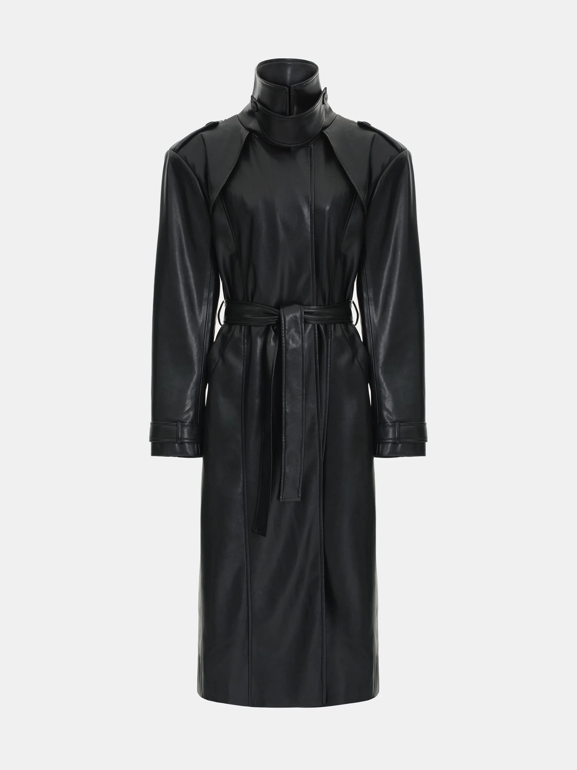 Belted Faux-Leather Coat, Black - Image 6