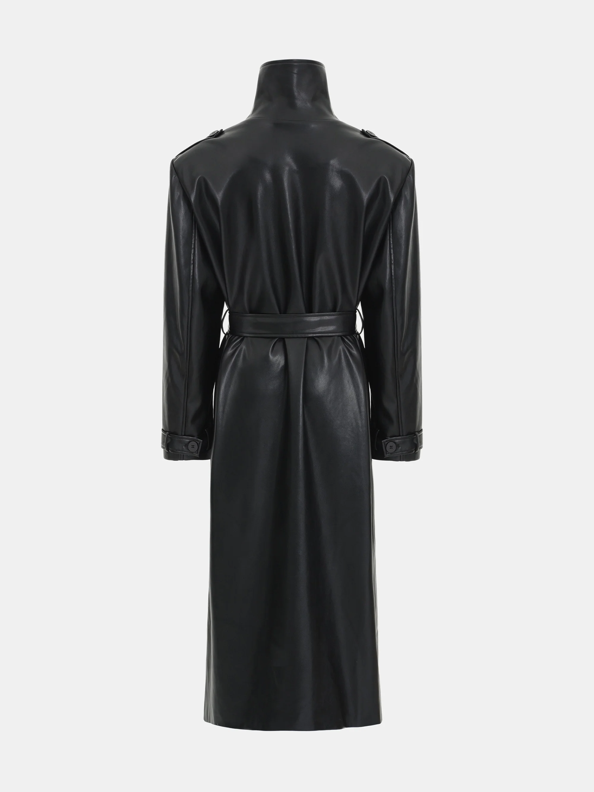 Belted Faux-Leather Coat, Black - Image 7