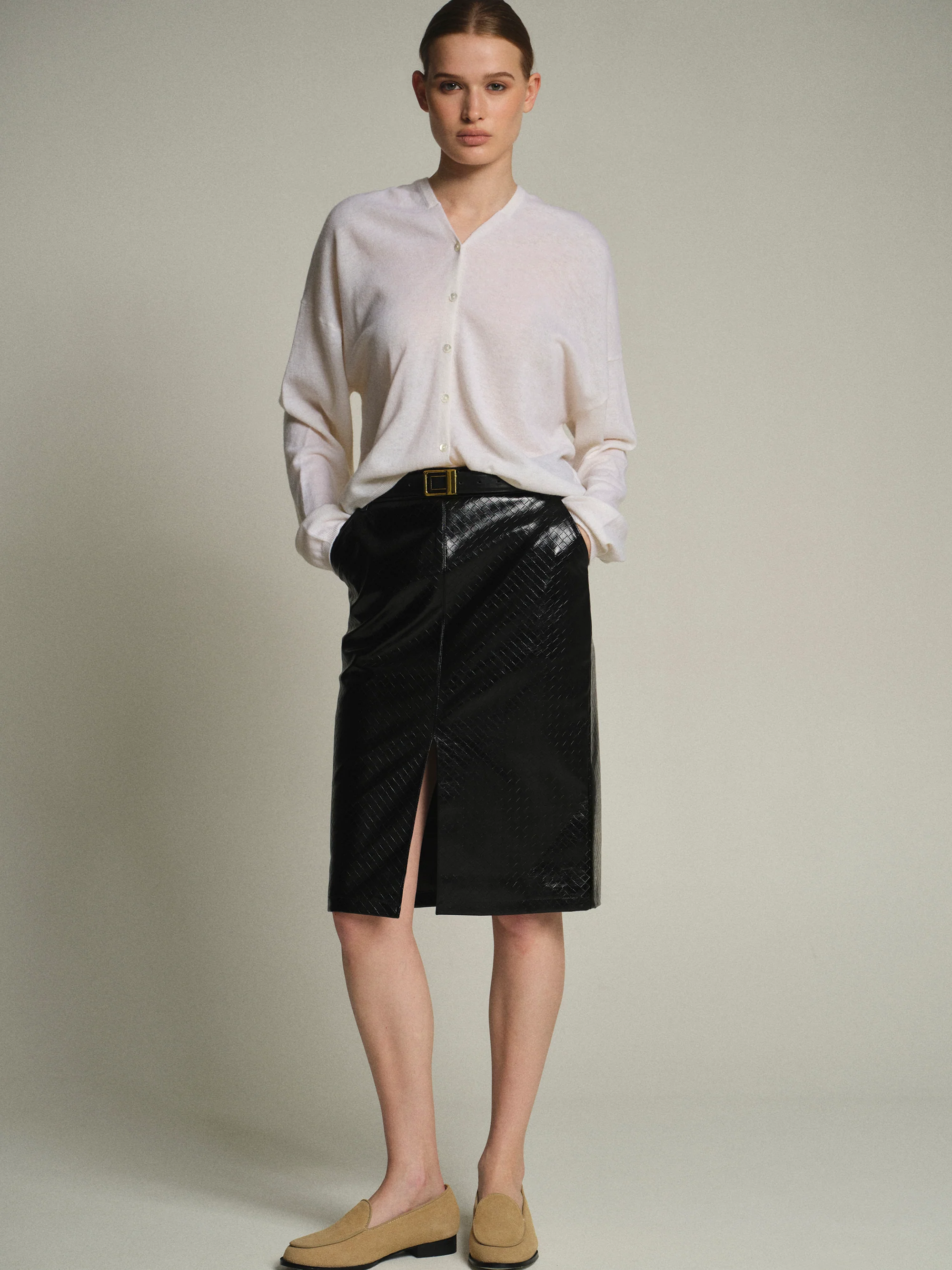 Belted Faux-Leather Midi Skirt, Black - Image 3