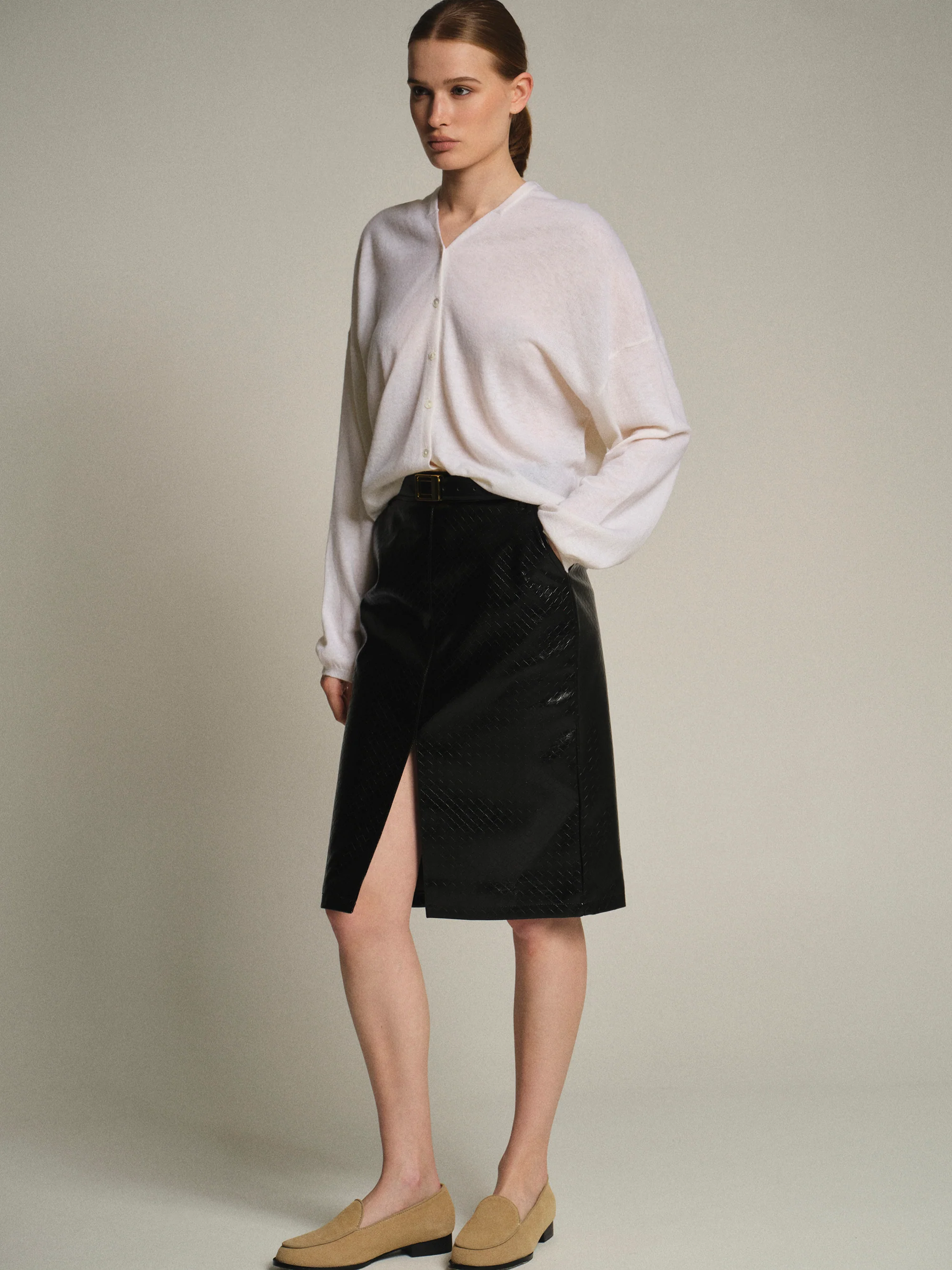 Belted Faux-Leather Midi Skirt, Black - Image 5