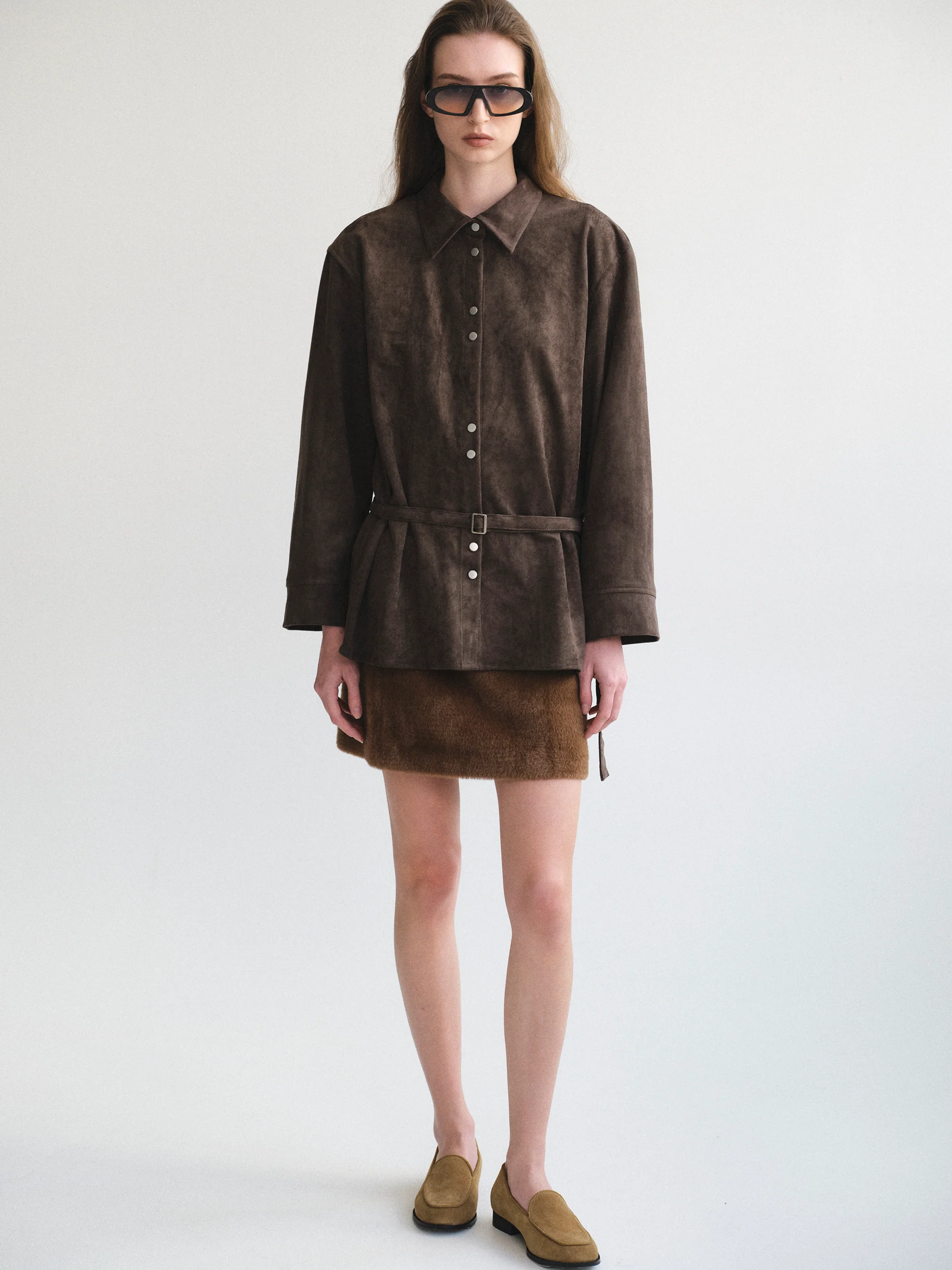 Belted Faux Suede Shirt, Walnut - Image 2
