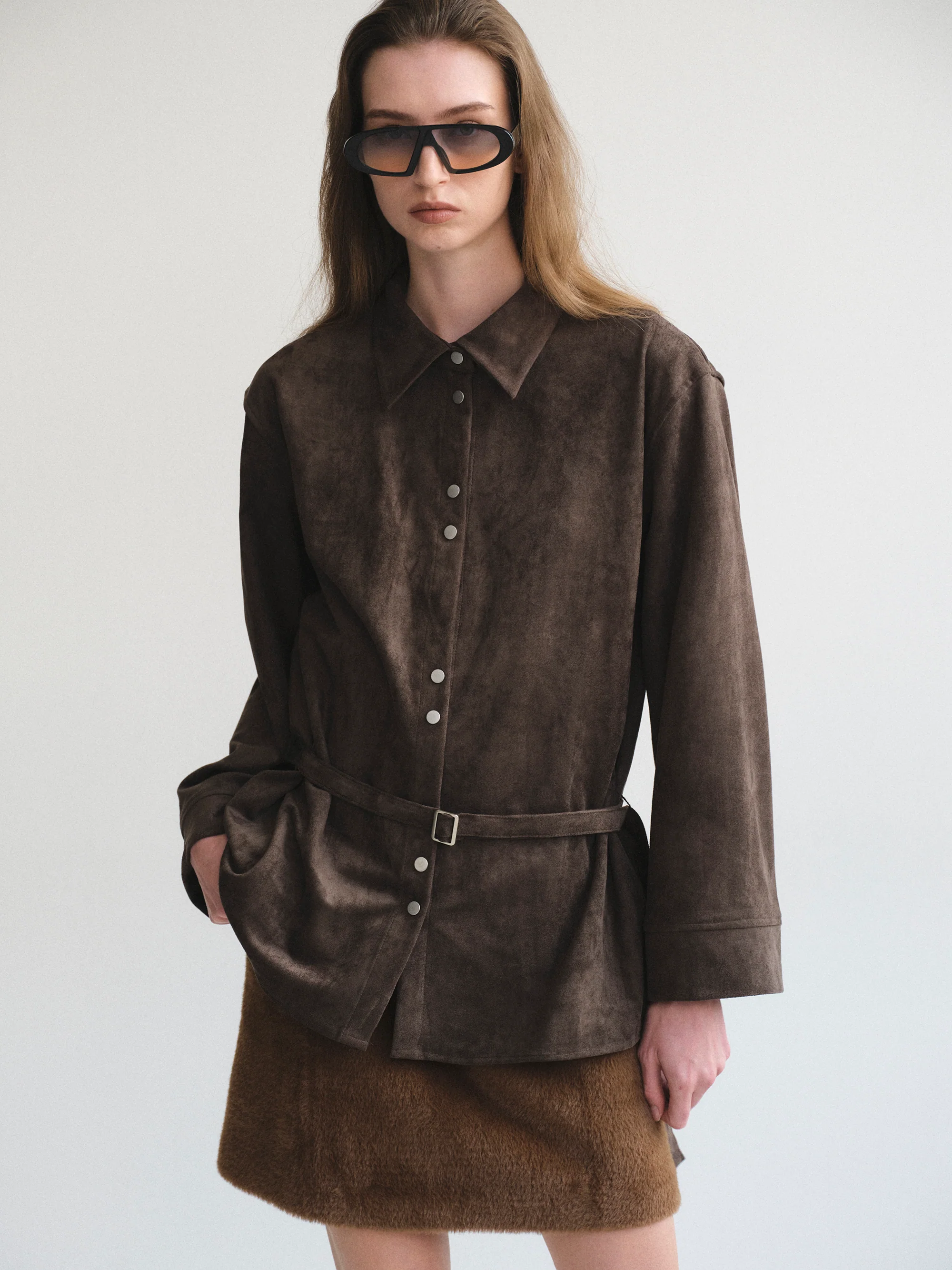 Belted Faux Suede Shirt, Walnut - Image 3